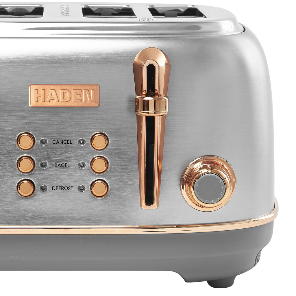 Haden Heritage 4 Slice Wide Slot Stainless Steel Toaster with Adjustable Browning Control & Non-Slip Feet, Steel & Copper