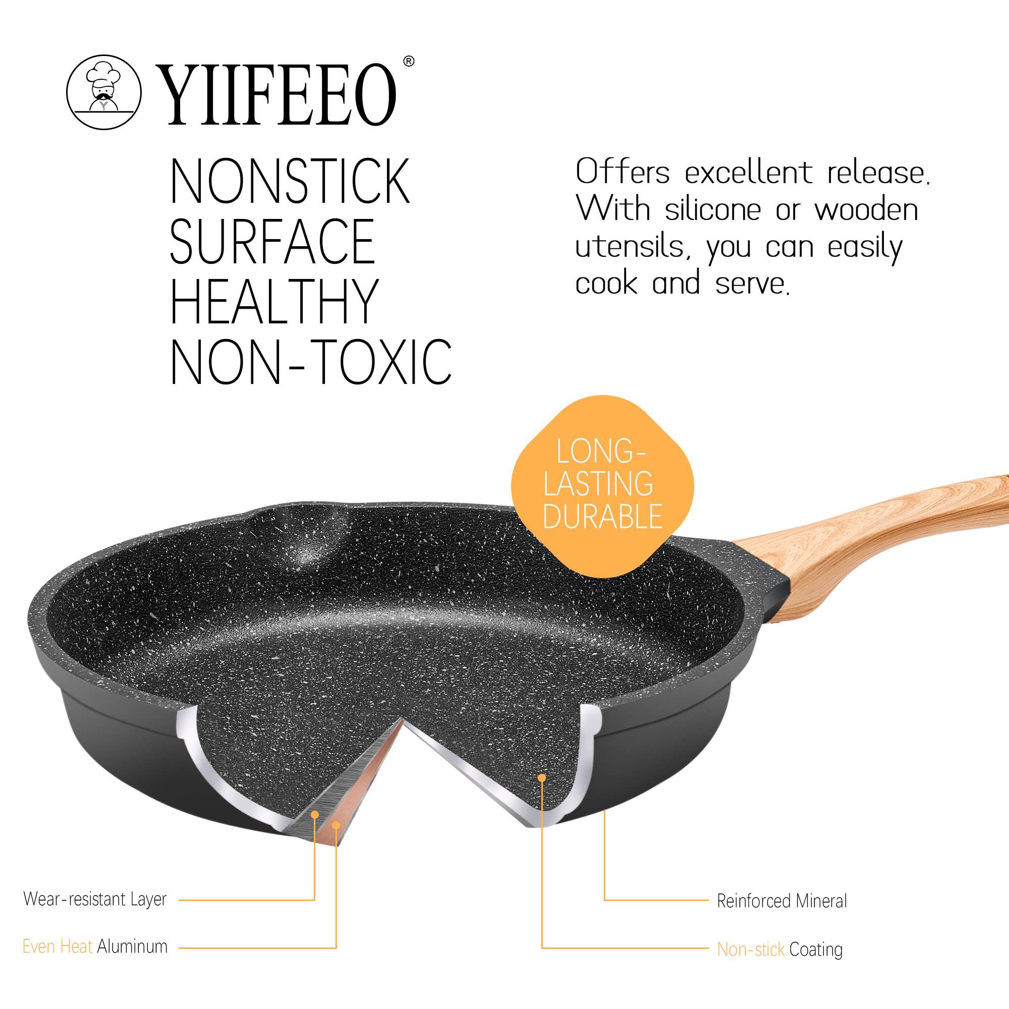 Non Stick Frying Pan Set - YIIFEEO Granite Skillet Set with 100% PFOA & PTFE Free, Induction Egg Omelette Pans for Cooking Pan Set, Cookware Set Nonstick Pots and Pans Set Gift for Women