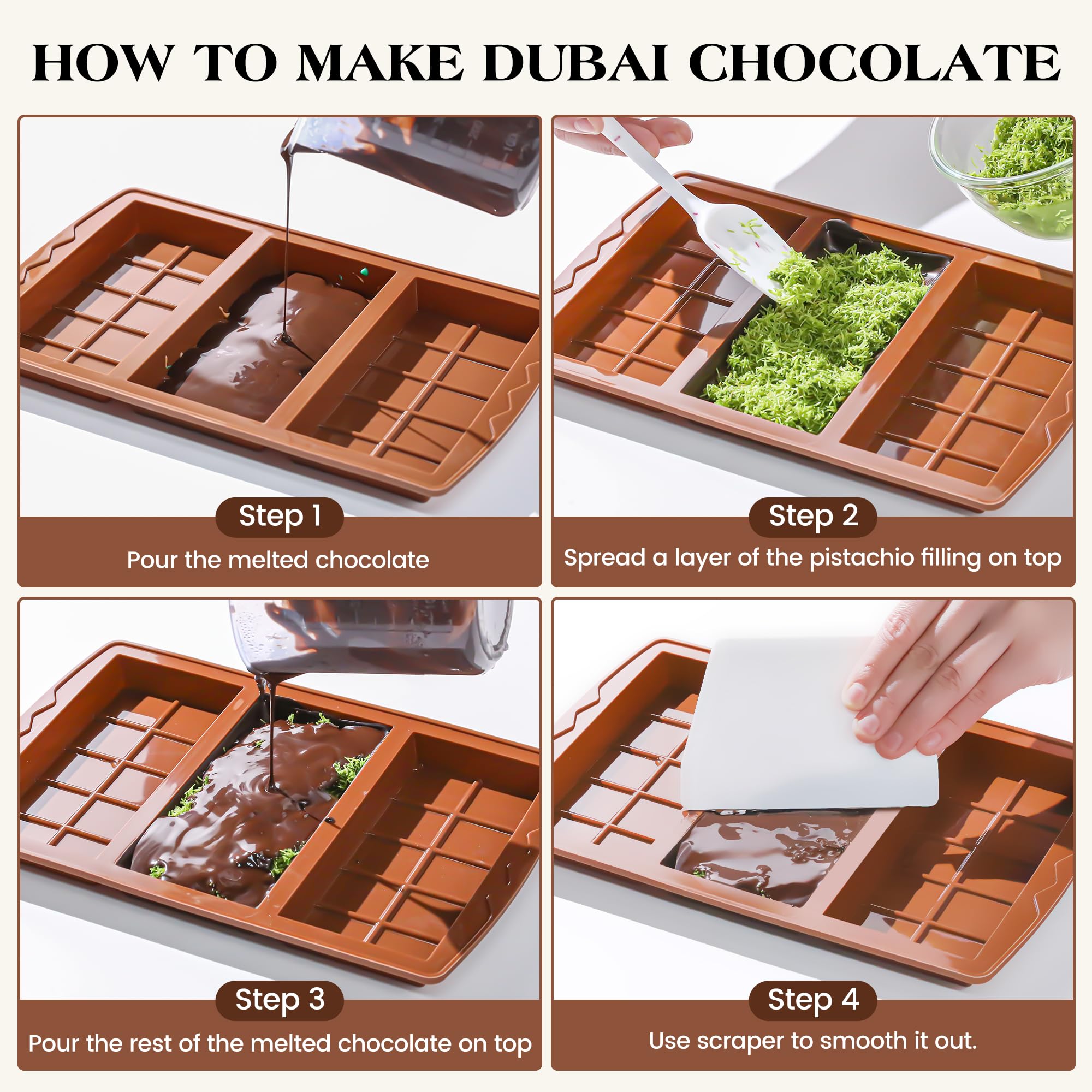 KASHME 4 Pcs Chocolate Bar Mold Deep Dubai 0.85 Inch Stuffed Chocolate Molds Silicone Large Break Apart Silicone Molds (10 Snap + Pyramid)