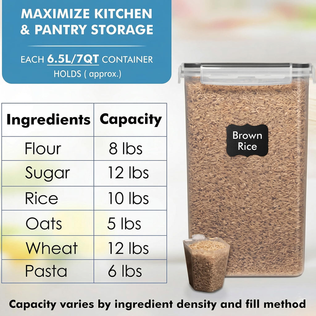 WHITE FEATHER SUPPLIES 2 PC [7 Qt / 6.5L / 220 Oz] Large Food Storage Containers with Lids Airtight - BPA Free Clear Plastic Kitchen and Pantry Storage Containers for Cereal, Flour, Sugar, Rice