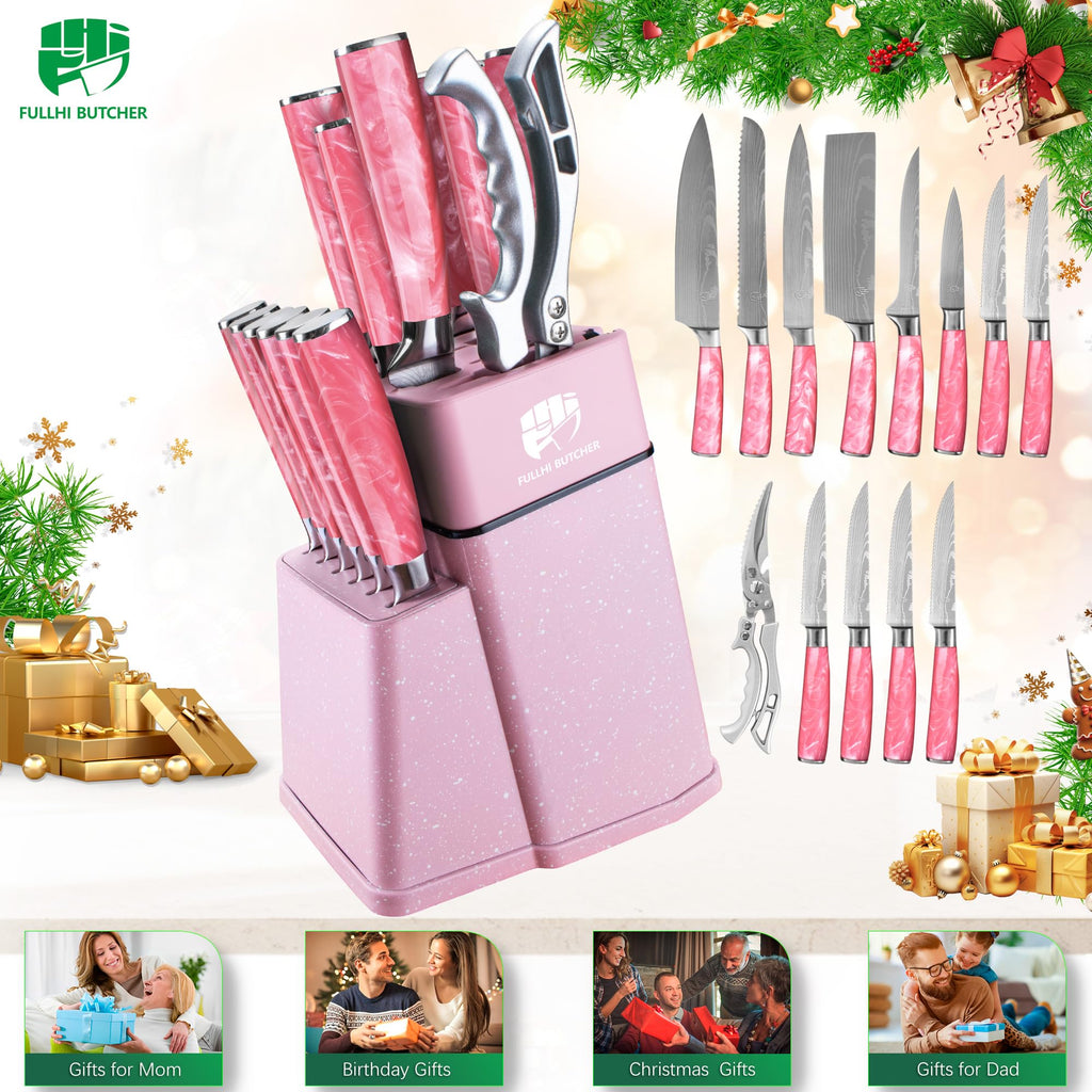 FULLHI 14pcs Block Knife Set, Chef's Knife Steak Knives Set with Block and Sharpener, Kitchen Knife Set, Multi-colour Handle, Gifts for Men Women
