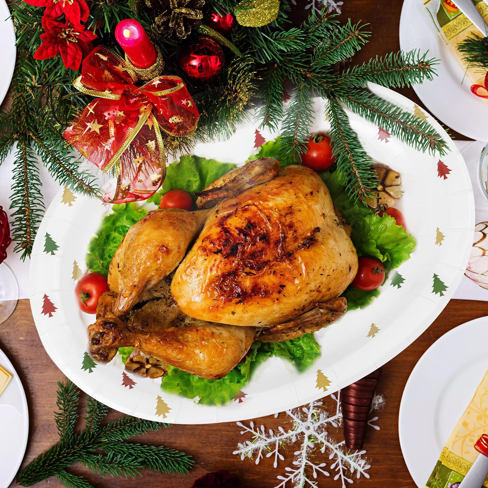 WDF 100 Pack Christmas Paper Plates - 10" x 12"Disposable Christmas Plates Disposable with Christmas Trees-Large Oval Paper Plates Heavy Duty- Party Plates for Christmas