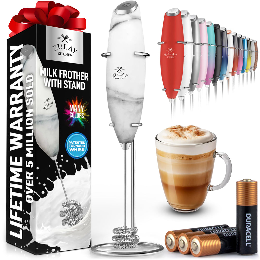 Zulay Kitchen Powerful Milk Frother Wand With Duracell Batteries - Ultra Fast Handheld Drink Mixer - Electric Whisk Foam Maker for Coffee, Lattes, Cappuccino & Matcha - Triple Whisk - Onyx Marble