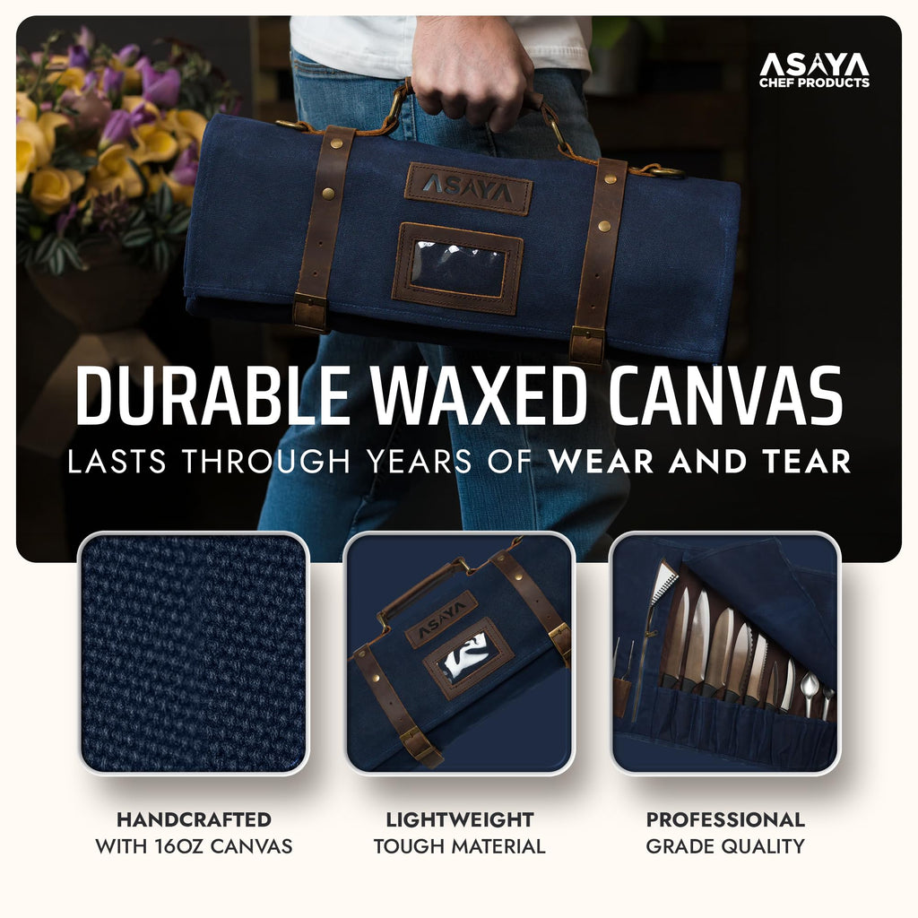 Asaya Waxed Canvas Knife Roll Bag - 15-Slot Chef Knife Bag with Leather Straps, Large Zippered Pocket and Card Holder - Carrying Case for Chefs and Culinary Students – Knives Not Included (Blue)