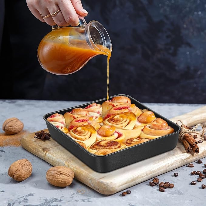 E-far 8 Inch Square Cake Pan Set of 2, Nonstick 8x8 Baking Pan with Stainless Steel Core, Black Metal Bakeware for Brownies Lasagna Cakes, Non-toxic & Easy Clean, 2 Inch Deep