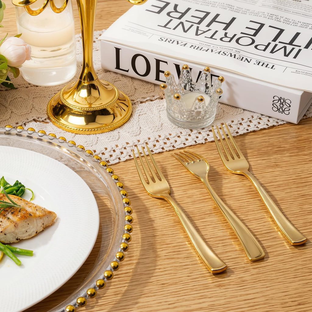 Liacere 200pcs Gold Plastic Forks - Heavyweight - 7.4 Inch Heavy Duty Forks - Gold Plastic Silverware Perfect For Parties & Weddings & Restaurants & New Year And Daily Using&Christmas&New Year