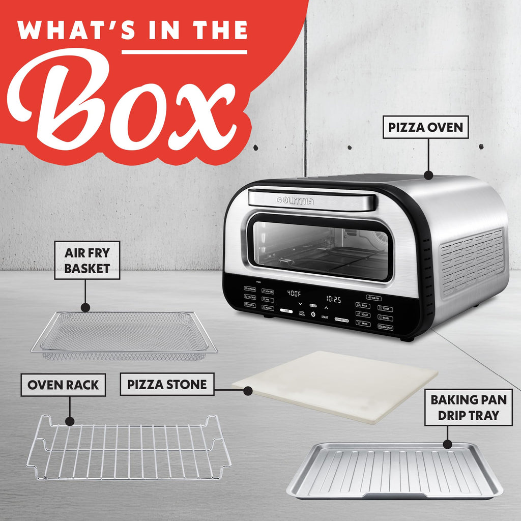Gourmia Electric Indoor Pizza Oven – Countertop Air Fryer Toaster Oven Combo with 6 Pizza Presets, 7 Cooking Functions, Air Fry, Broil & Bake, Includes Cordierite Pizza Stone, Stainless Steel
