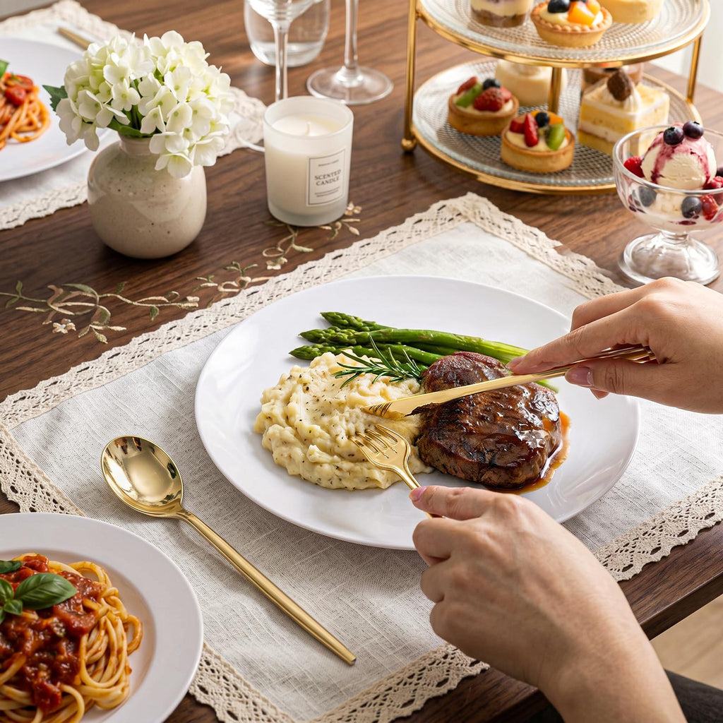 PULOTE 300PCS Gold Plastic Silverware Set Disposable - Heavy Duty Gold Utensils Set - Plastic Cutlery Disposable - Include 100 Knives, 100 Forks, 100 Spoons for Party & Wedding