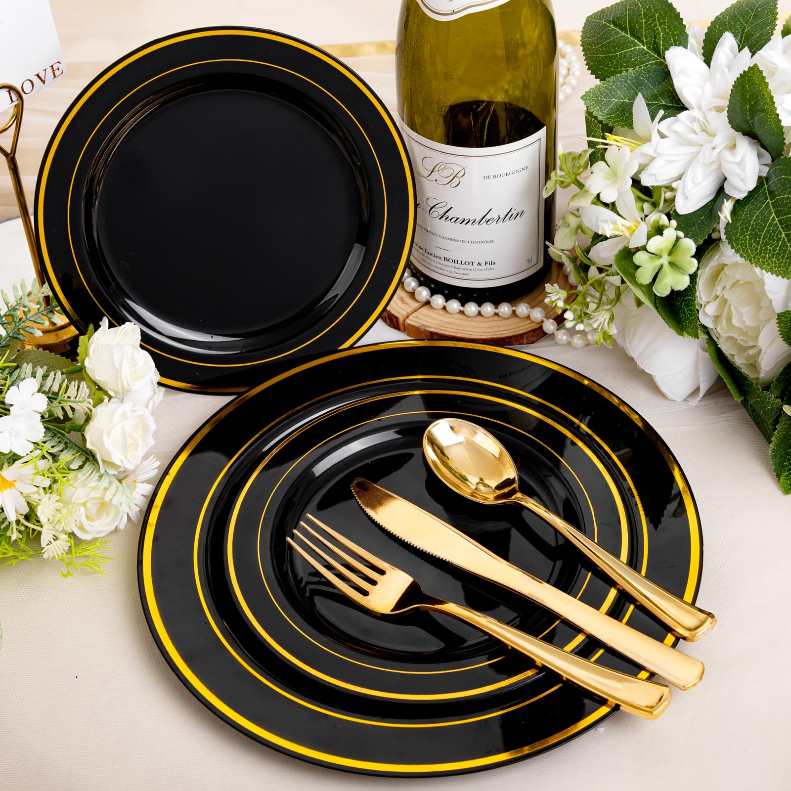 bUCLA 600PCS Black and Gold Disposable Dinnerware Set - Black Plastic Plates Disposable for Party Include 100 Dinner&100 Dessert Plates,100 Knives,100 Forks,100 Spoons,100 Cups for Party & Graduation