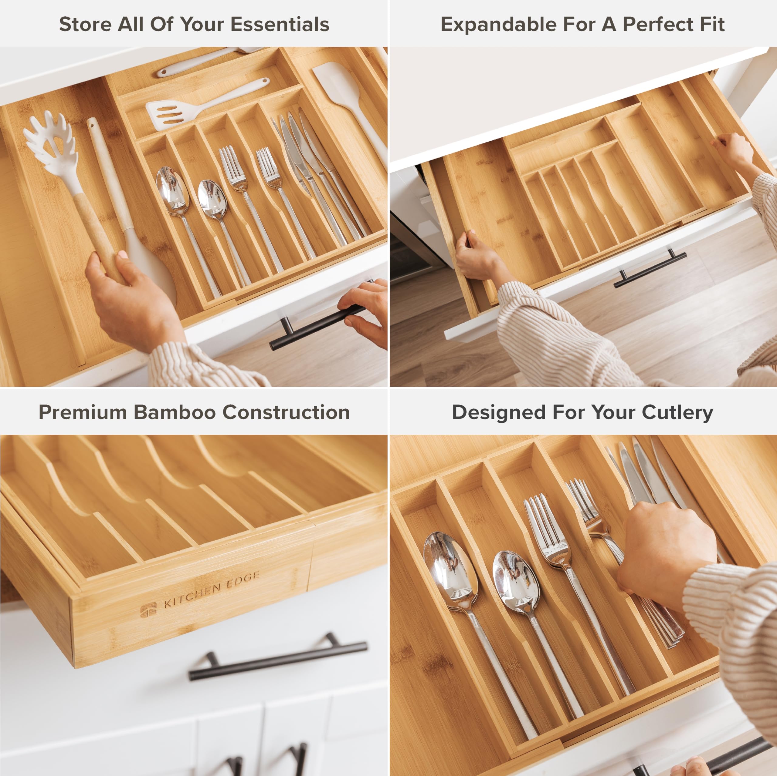 KitchenEdge Silverware & Utensil Drawer Organizer, 16-28 in, Bamboo