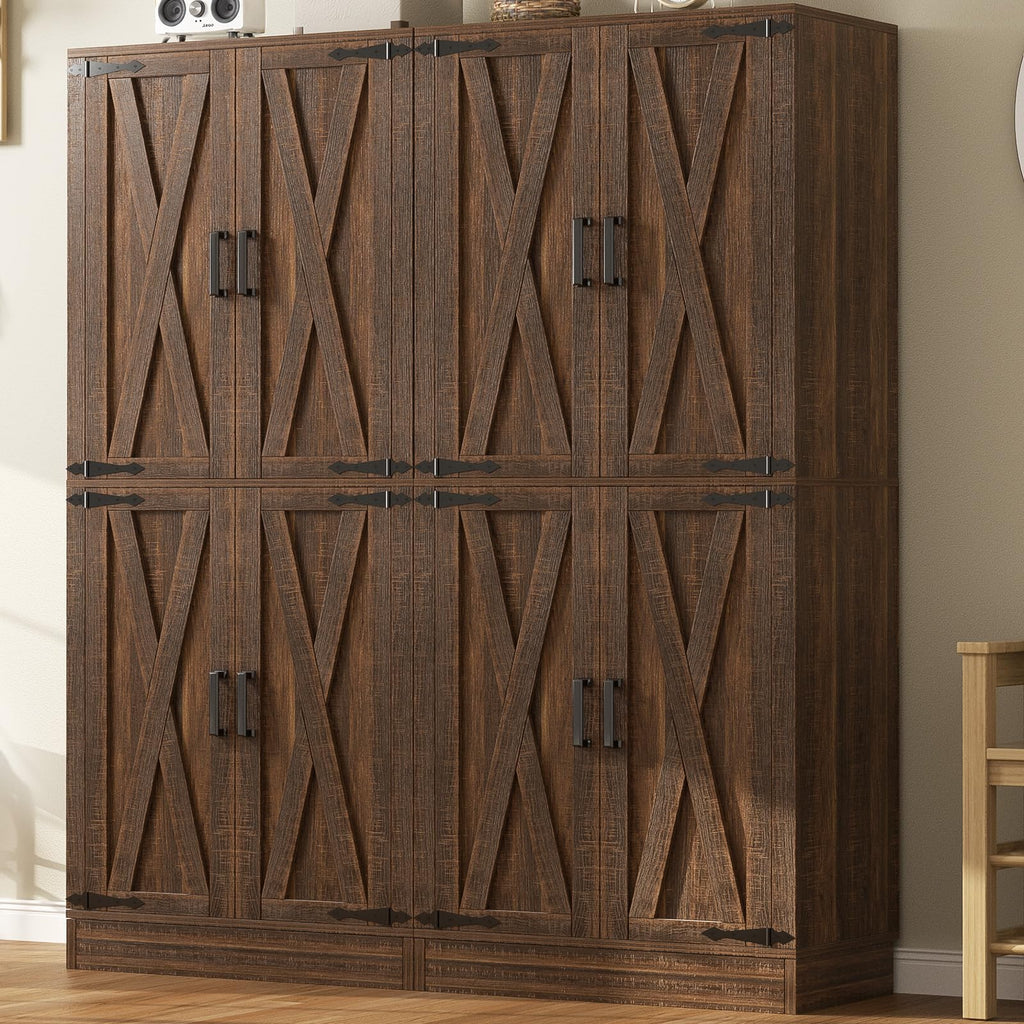 Unikito 71" Tall Kitchen Pantry Cabinet with Farmhouse Barn Doors and Storage Drawer, 8 Adjustable Shelves, Freestanding Cupboard for Dining Room, Living Room, Utility Room, Weathered Brown 2 Pack
