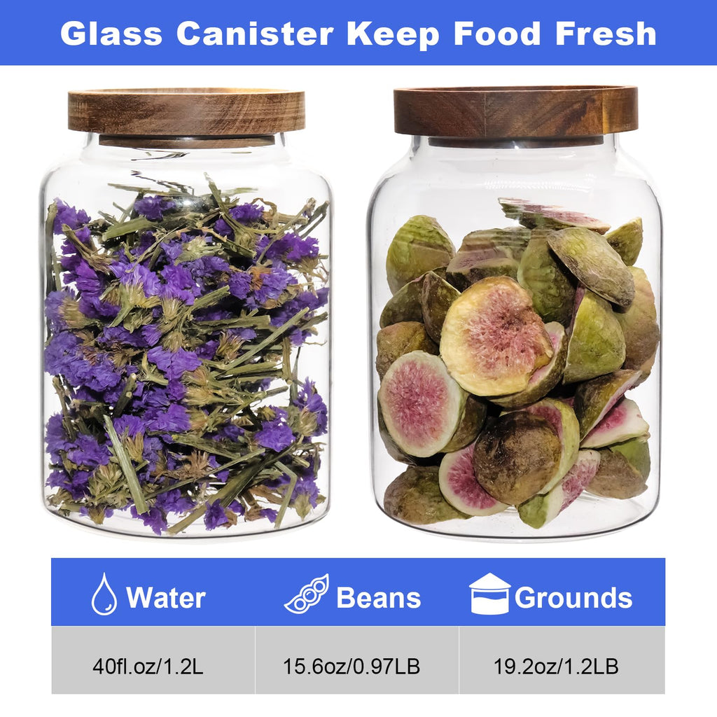 Glass Jar with Spoon Wooden Lid Clear Coffee Ground Containers Set Borosilicate Glass Kitchen Storage Canister for Sugar Espresso Spice Beans Nut Pasta Candy Tea (1200ml(40oz)-with spoon (2pack))