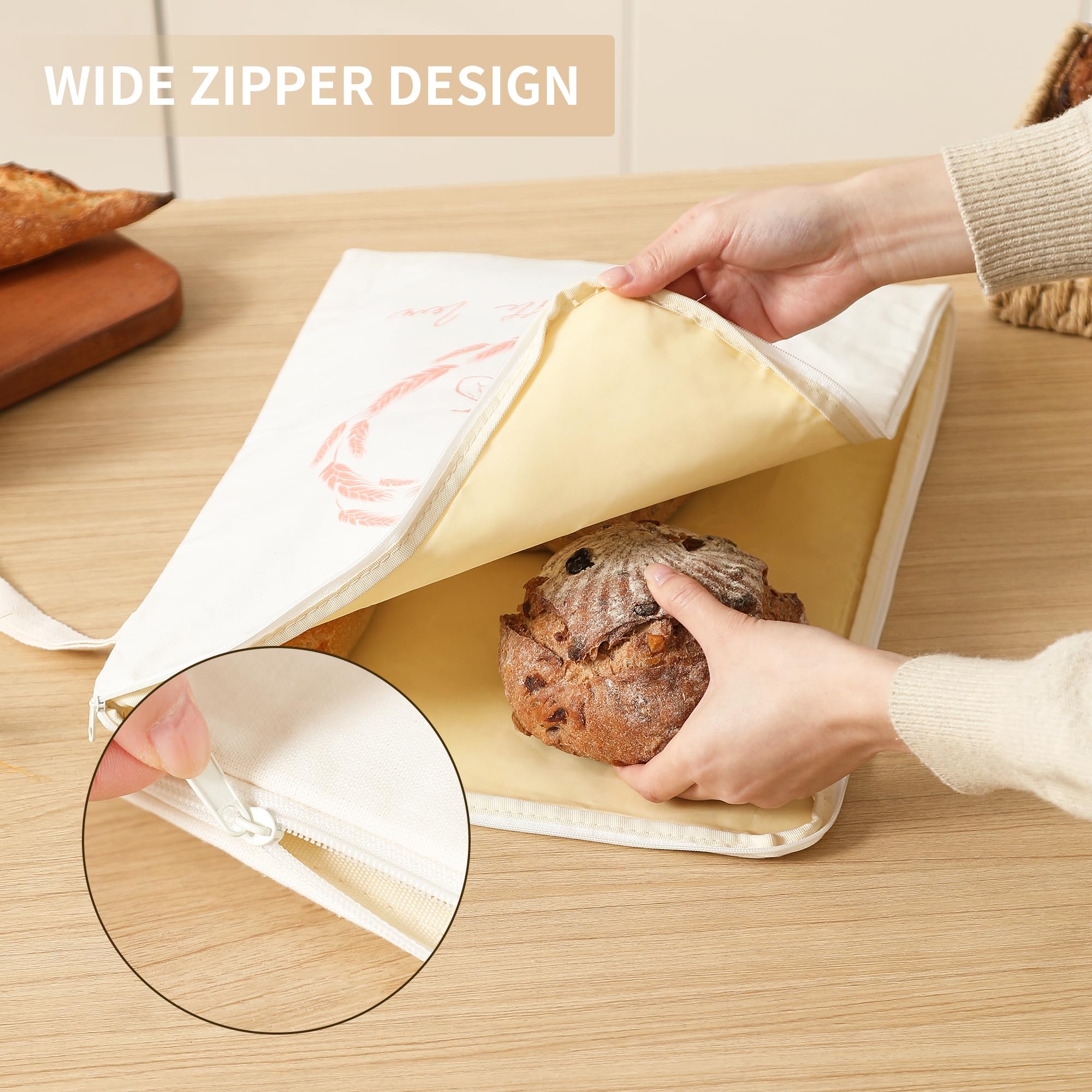 Premium Beeswax Bread Bags for Sourdough with Wide Zipper Access, 2 Pack XL(13x17in) Reusable Organic Beeswax-Coated Linen Cotton Bread Bags for Homemade Bread, Keeps Bread Fresh Naturally