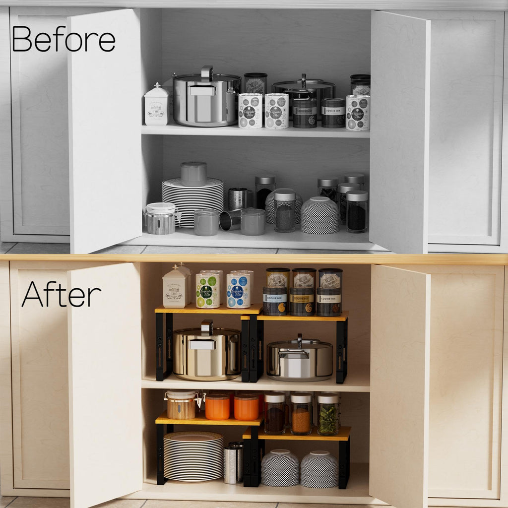 Adjustable Storage Shelves for Kitchen Cabinet Organization - Set of 2 Stackable Metal & Solid Wood Racks, Space-Saving Design for Countertop/Pantry/Garage, Easy Assembly(1 Pack/Large/Black)