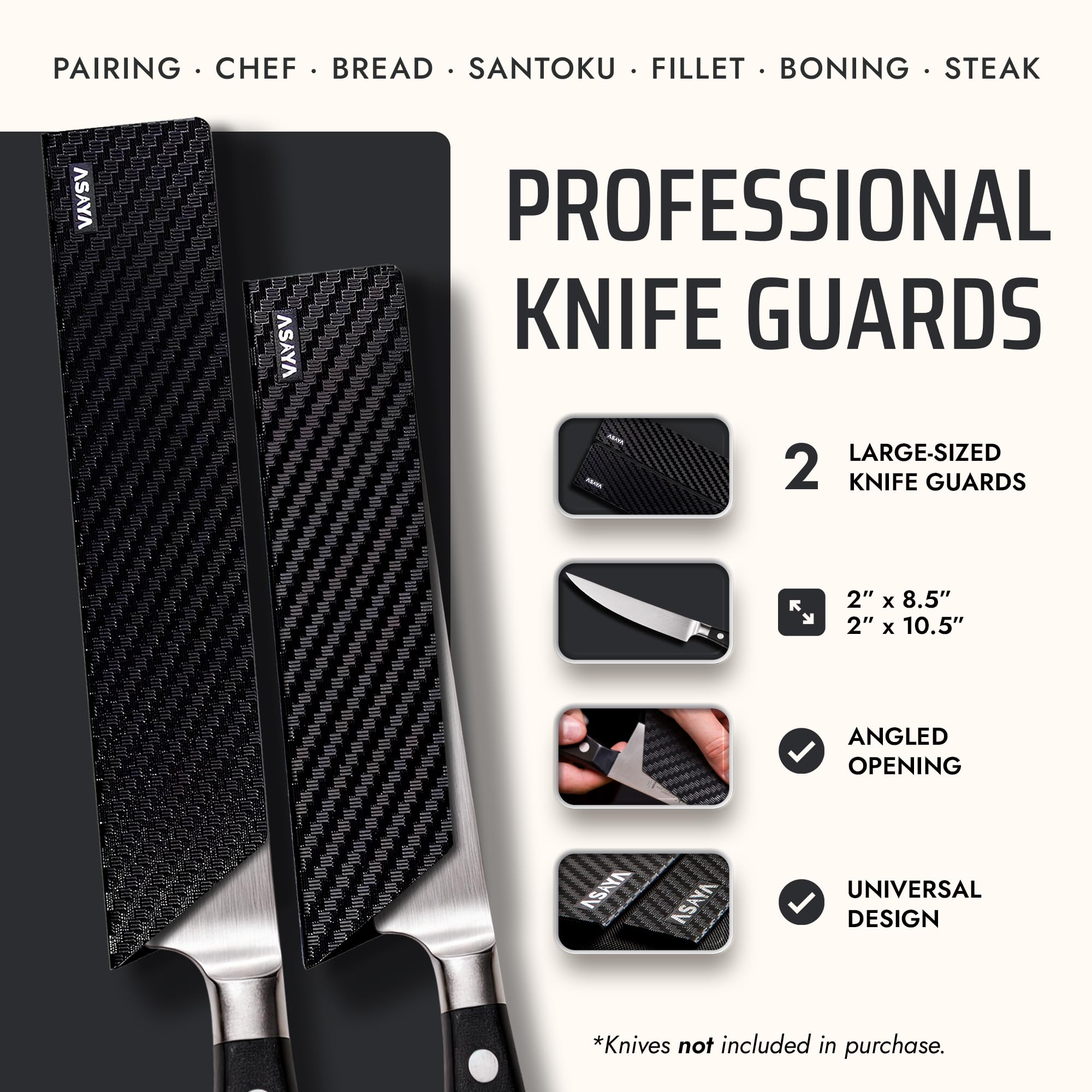 Asaya Professional Chef Knife Edge Guards – 2 Piece Knives Universal Covers, 8.5 x 2 and 10.5 x 2 - Extra Strength ABS Plastic and Food Safe Kitchen Knife Sheath Covers -Knife Not Included (2 Piece)