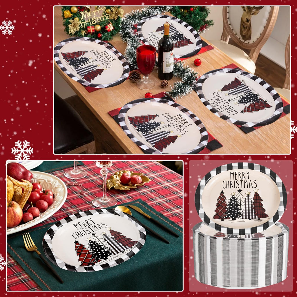 WDF 50Pack Christmas Paper Plates - 10"x12" Christmas Tree Plates Christmas Oval Paper Checkered Plates - Dinner Size Large Disposable Platter Heavy Duty for Happy Christmas Serving