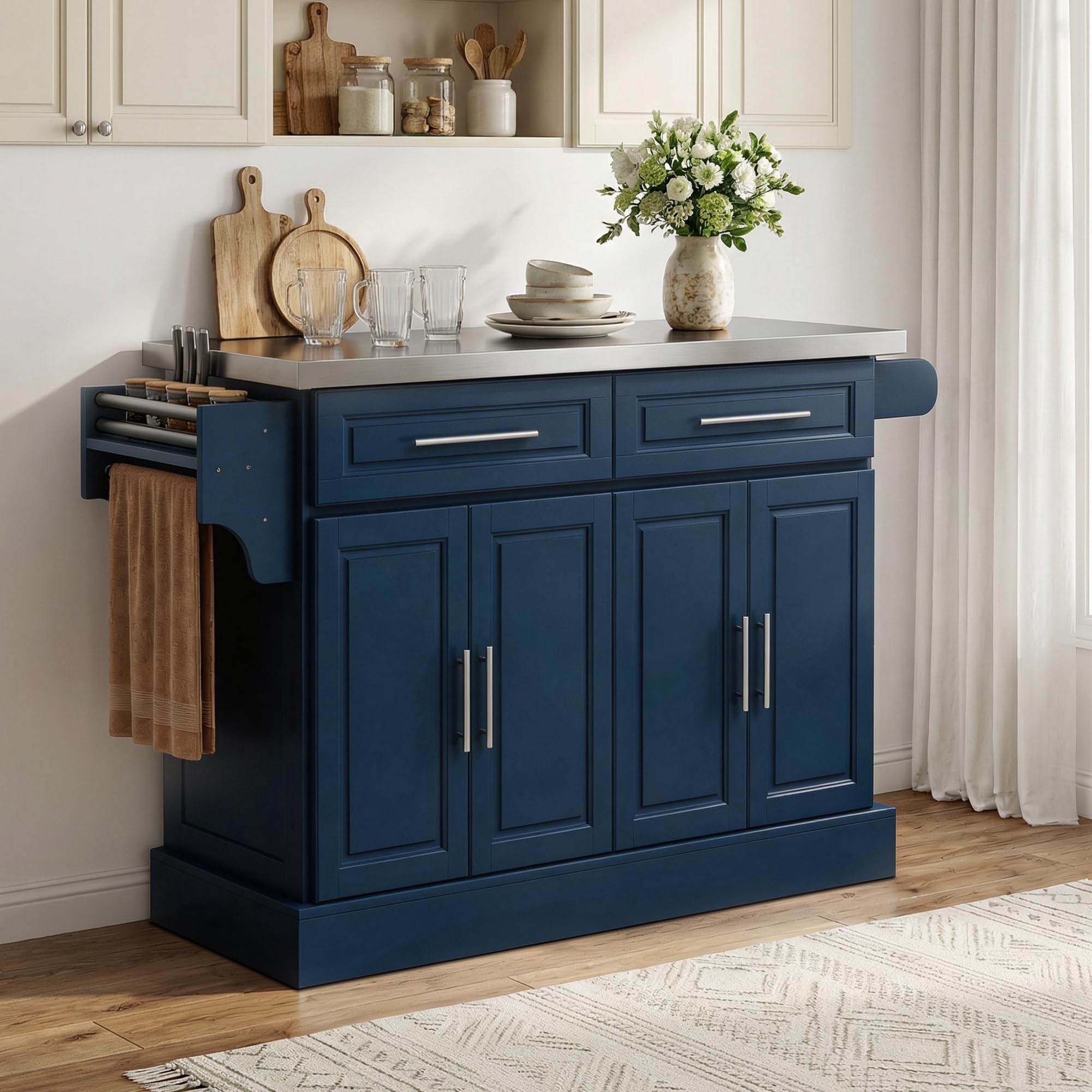 HOMCOM Rolling Kitchen Island Cart with 47" Stainless Steel Top Navy Blue