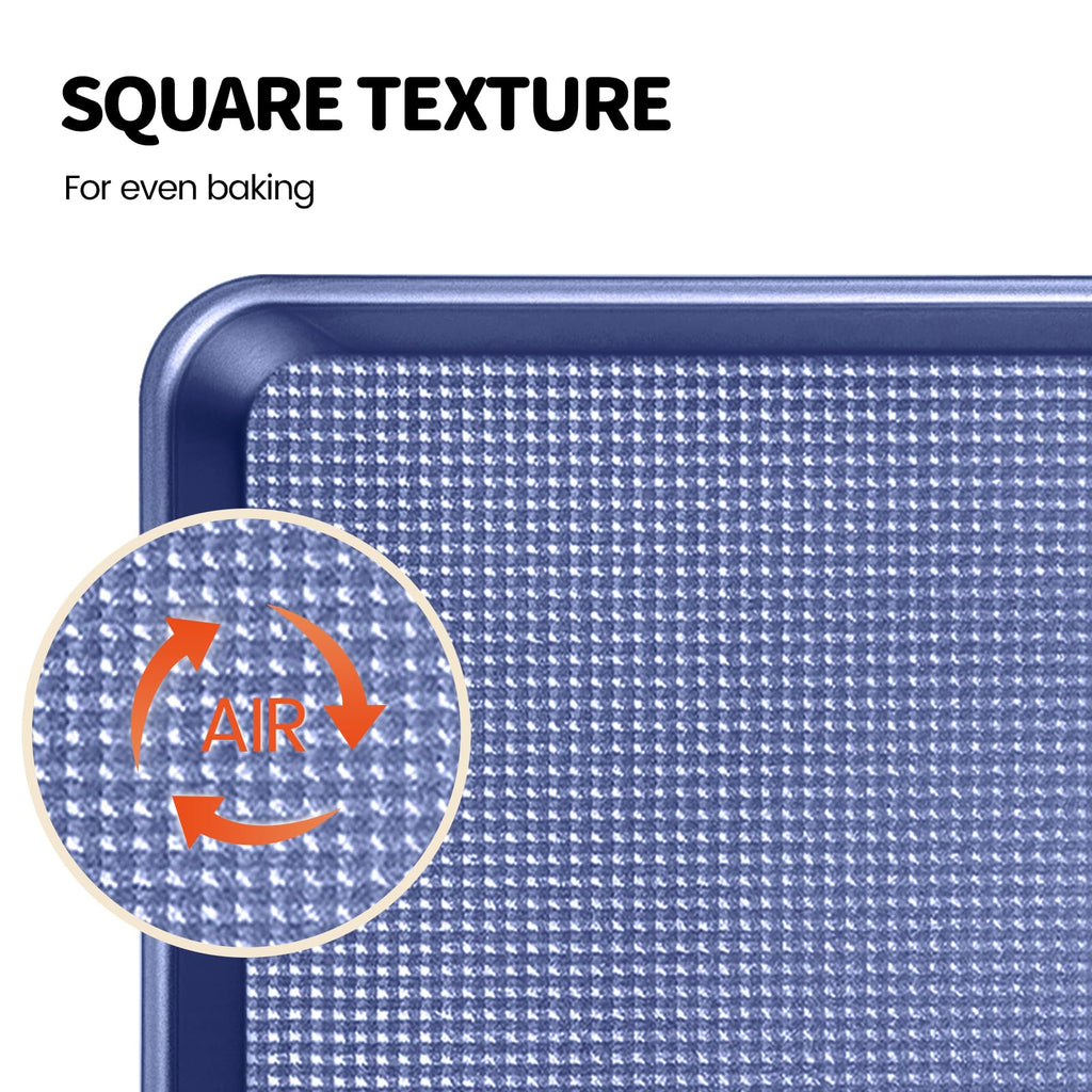 Vinino Baking Sheet Set of 3, Cookie Sheets For Baking with Square Texture Pattern, Thicker Carbon Steel Non-stick Baking Pan Half/Quarter/Jelly Roll Pans Tray for Oven-Blue