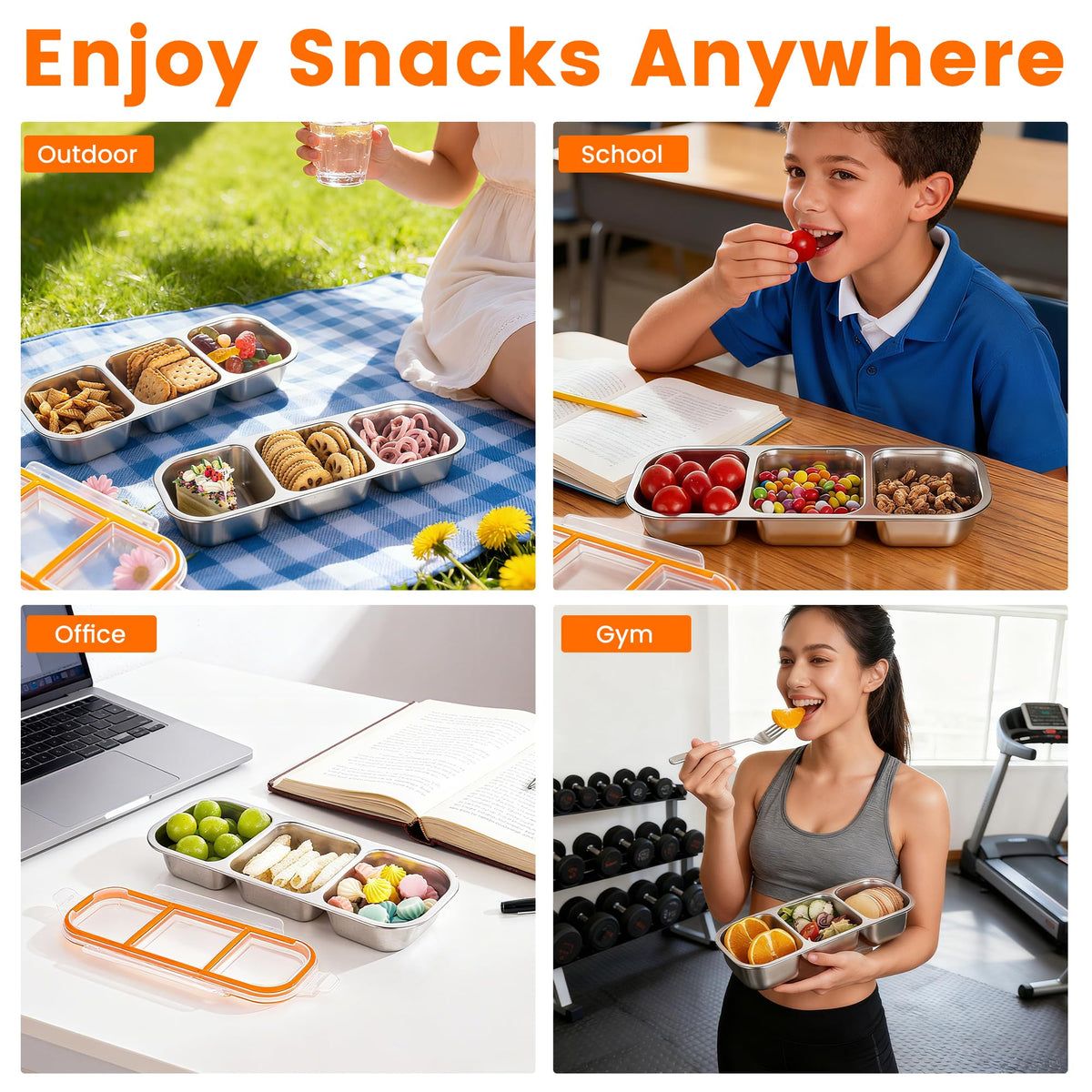 Bandesun Stainless Steel Snack Containers for Kids & Adults, 3 Pack Leek Proof Metal Bento Lunch Box with with lids, Lunchable Containers for Travel, School, Home - Stackable Bento Snack Box