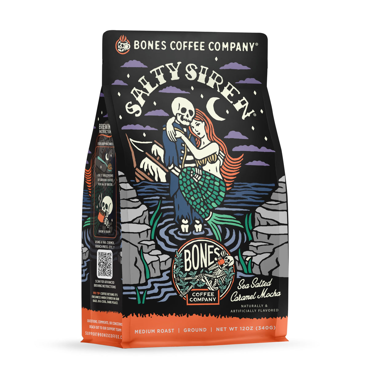 Bones Coffee Company Macamaniac, Macadamia and Coconut Flavored Coffee, Medium Roast Low Acid Arabica Beans Compatible with Auto drip and French Press Coffee Maker, 12 Oz Ground