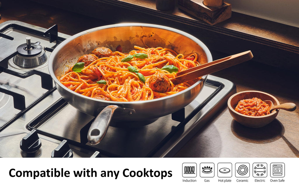 CHEF TOPF 5-Ply Stainless Steel Frying Pan, Full 5-Ply Clad, Brushed, Induction Cooking Pan, Oven Safe, Dishwasher Safe (12'' Stainless Steel Frying Pan)
