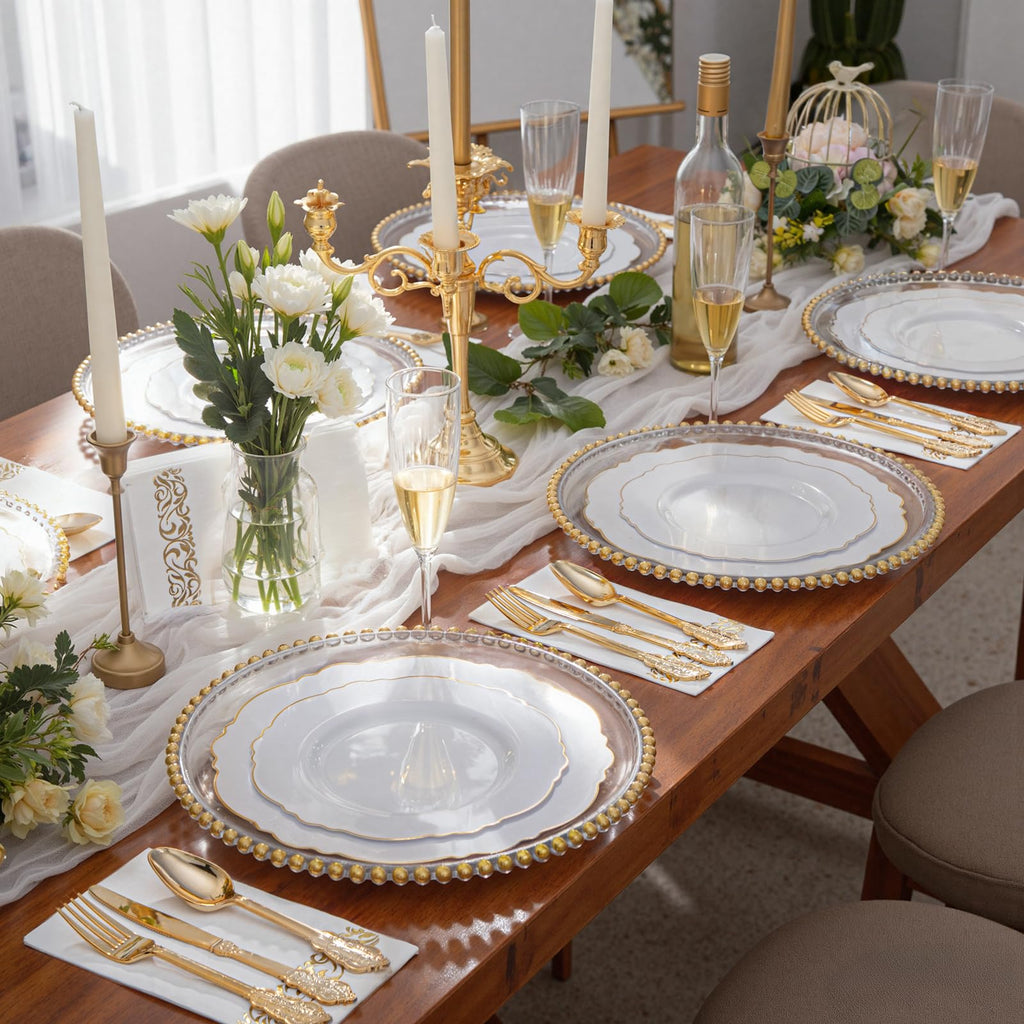 WDF 200 Pieces Gold Plastic Silverware Disposable - 50 Guests Heavy Duty Thanksgiving Gold Plastic Cutlery - Disposable Utensils Includes 100 Forks, 50 Spoons, 50 Knives Perfect for Party/Weeding