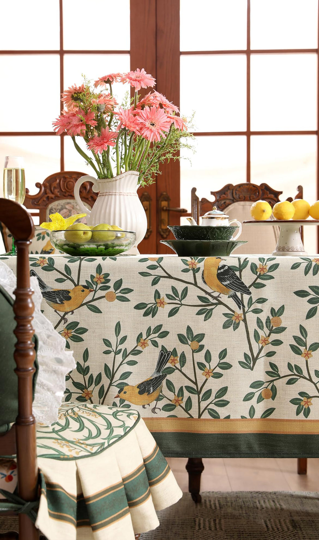 patdrea Designer French Linen Tablecloth,Rectangular,110"x63"-Warbler A