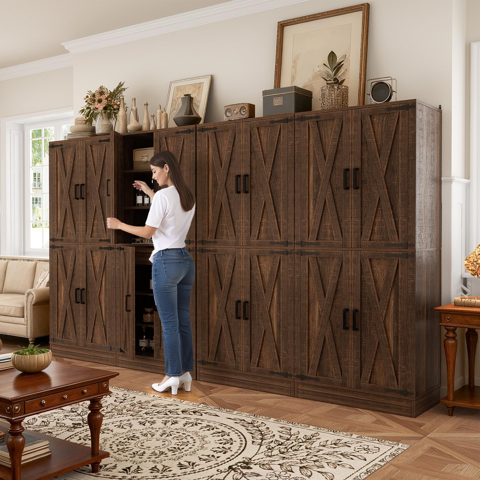 Unikito 71" Tall Kitchen Pantry Cabinet with Farmhouse Barn Doors and Storage Drawer, 8 Adjustable Shelves, Freestanding Cupboard for Dining Room, Living Room, Utility Room, Weathered Brown 2 Pack
