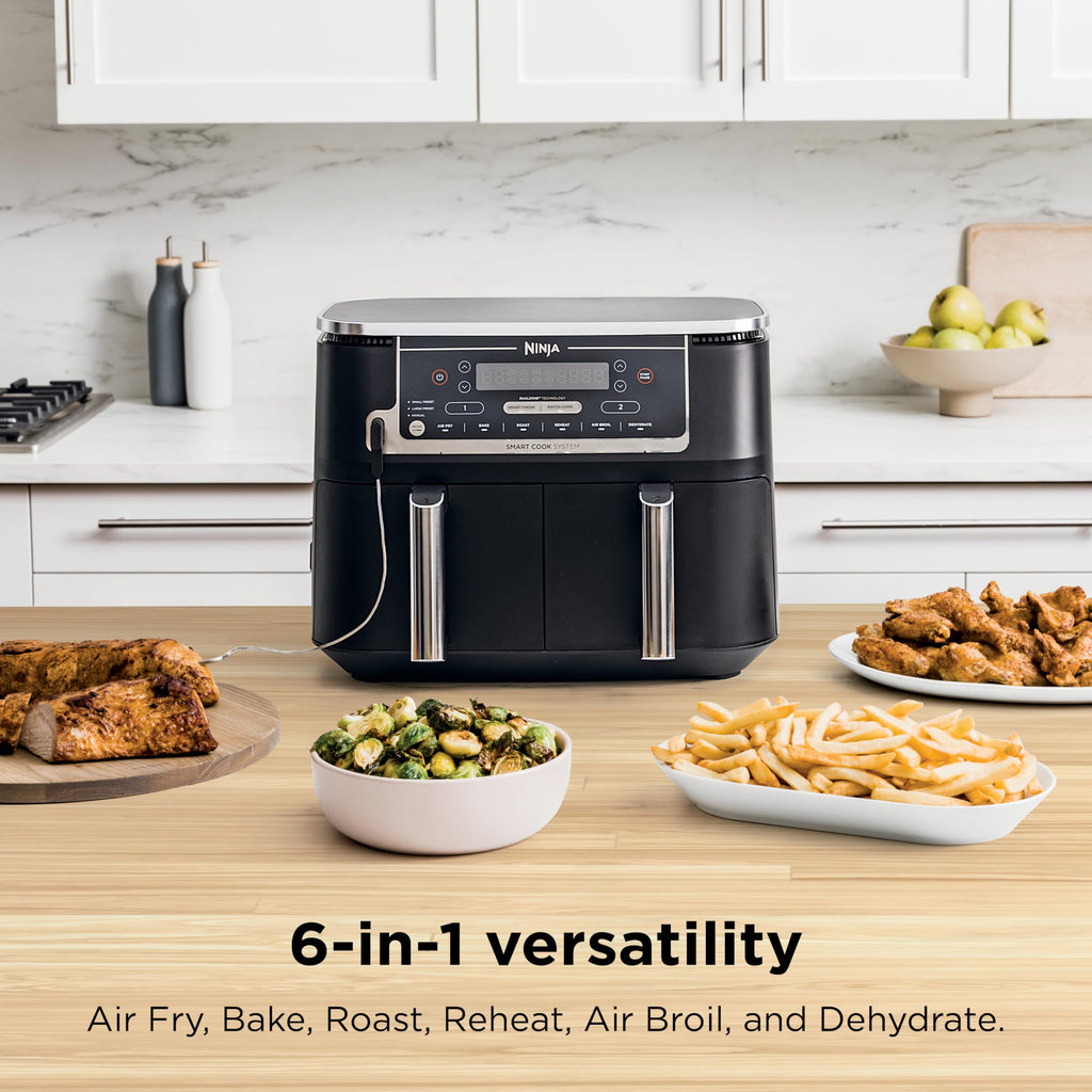 Ninja DZ550 Foodi 10 Quart 6-in-1 DualZone Smart XL Air Fryer with 2 Independent Baskets, Cook Thermometer for Perfect Doneness, Match and Finish to Roast, Dehydrate and More, Black