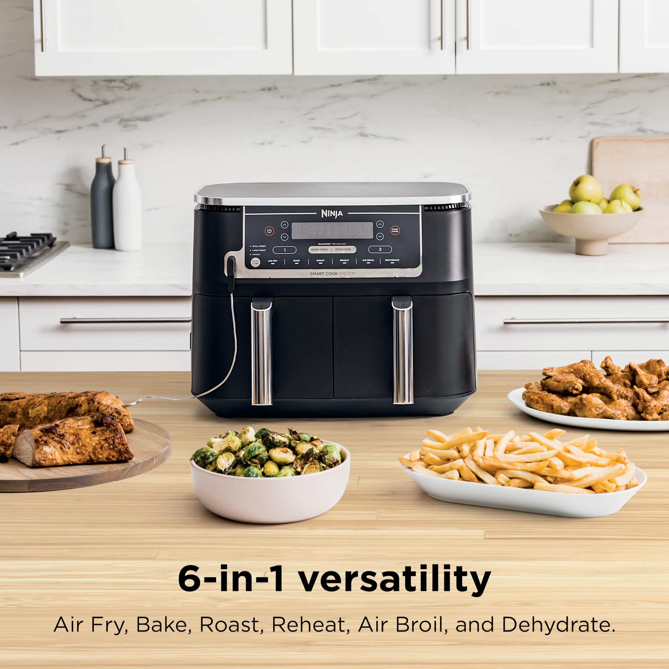 Ninja DZ550 Foodi 10 Quart 6-in-1 DualZone Smart XL Air Fryer with 2 Independent Baskets, Cook Thermometer for Perfect Doneness, Match and Finish to Roast, Dehydrate and More, Black