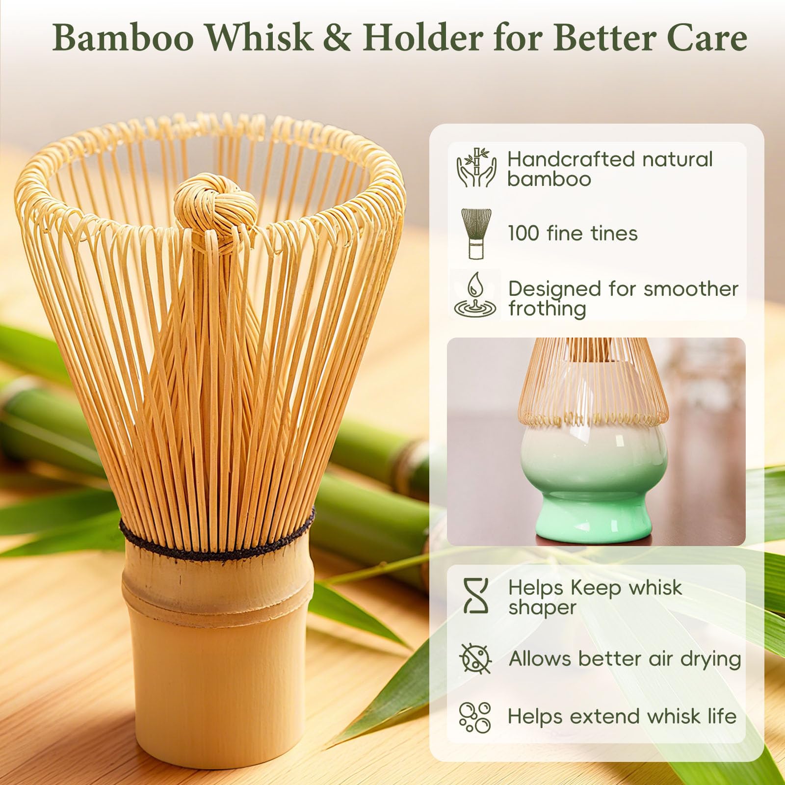 HUSHHAVN Matcha Whisk Set, Ceramic Matcha Set Includes Bowl & Holder, Bamboo Whisk (Chasen), Scoop, Spoon and Sifter, 6PCS Matcha Kit Covers Everything Needed for Making Matcha (Green)