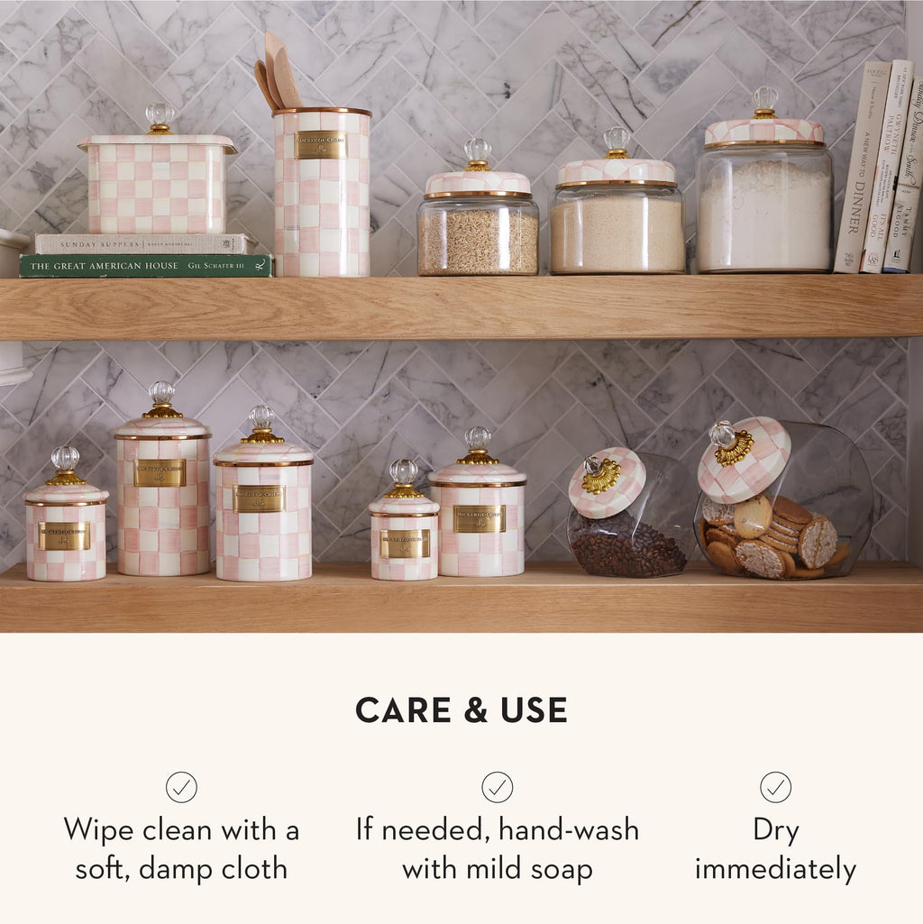 MACKENZIE-CHILDS Rosy Check Kitchen Canister, Decorative Pink-and-White Glass Storage Jar with Lid, Large