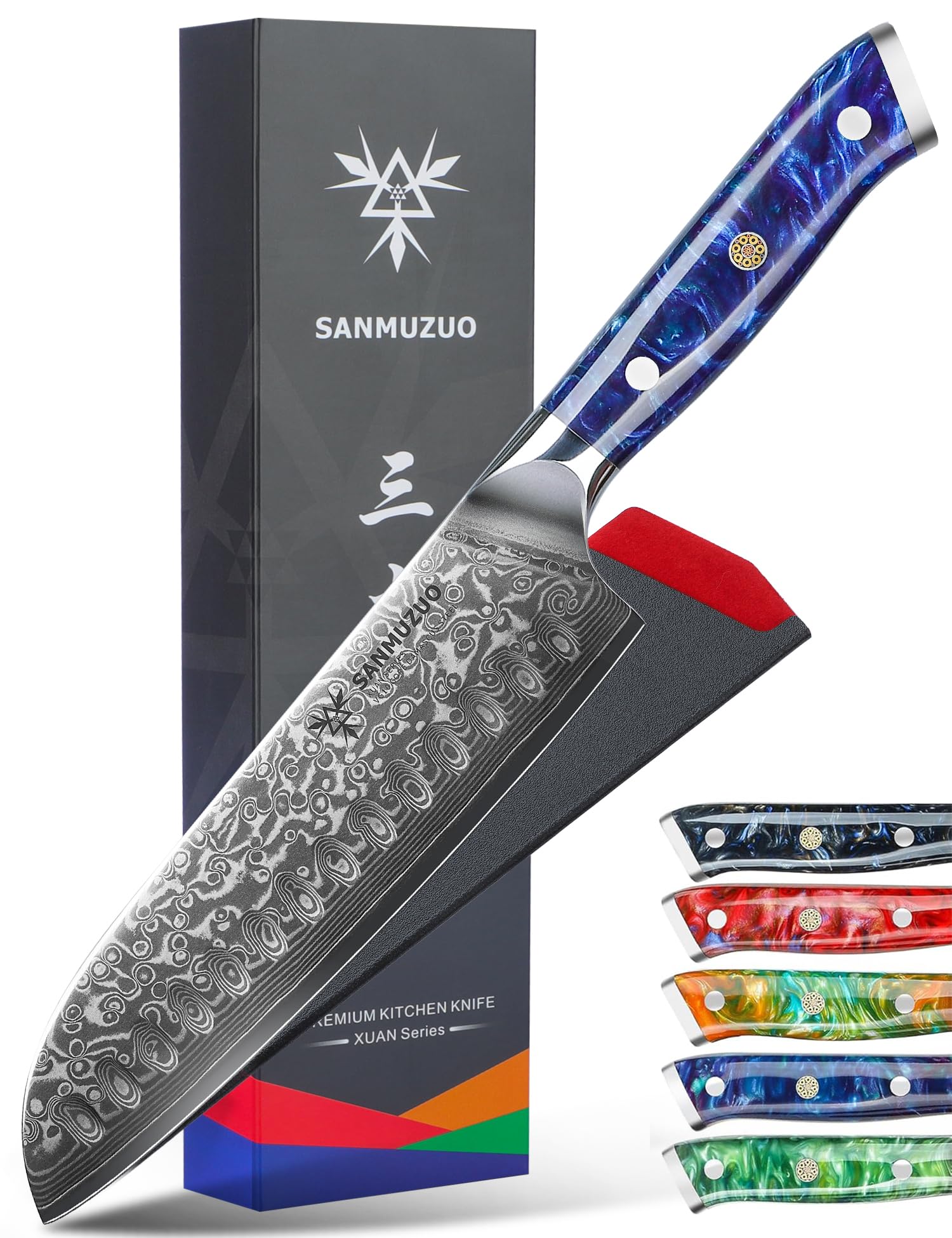 SANMUZUO Santoku Knife - 7 inch - Xuan Series - VG10 Damascus Steel Kitchen Knife - Resin Handle (Sapphire Blue)