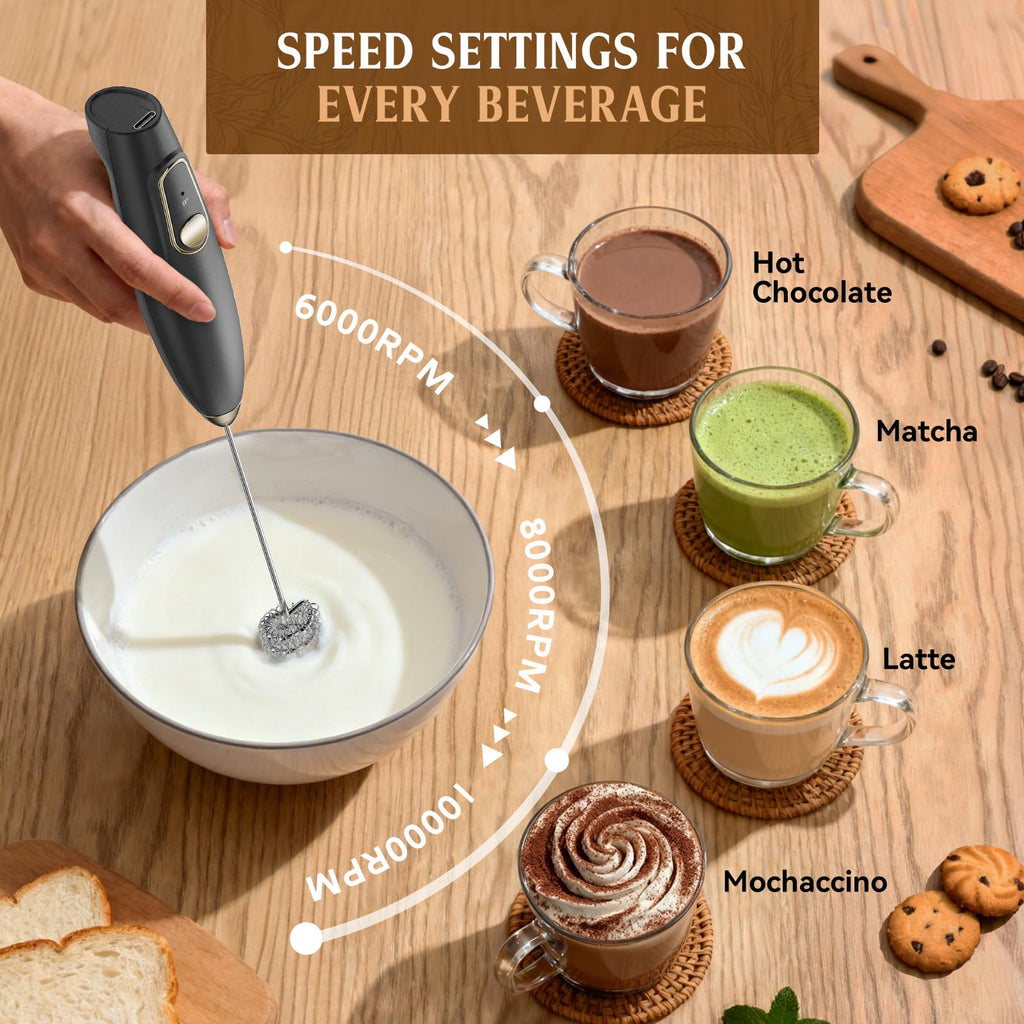 Rechargeable Milk Frother Wand with Stand, Electric Handheld Coffee Frother with 3 Detachable Whisks, Travel Milk Foamer for Protein Powder, Drinks, Espumador de Leche Electrico Black