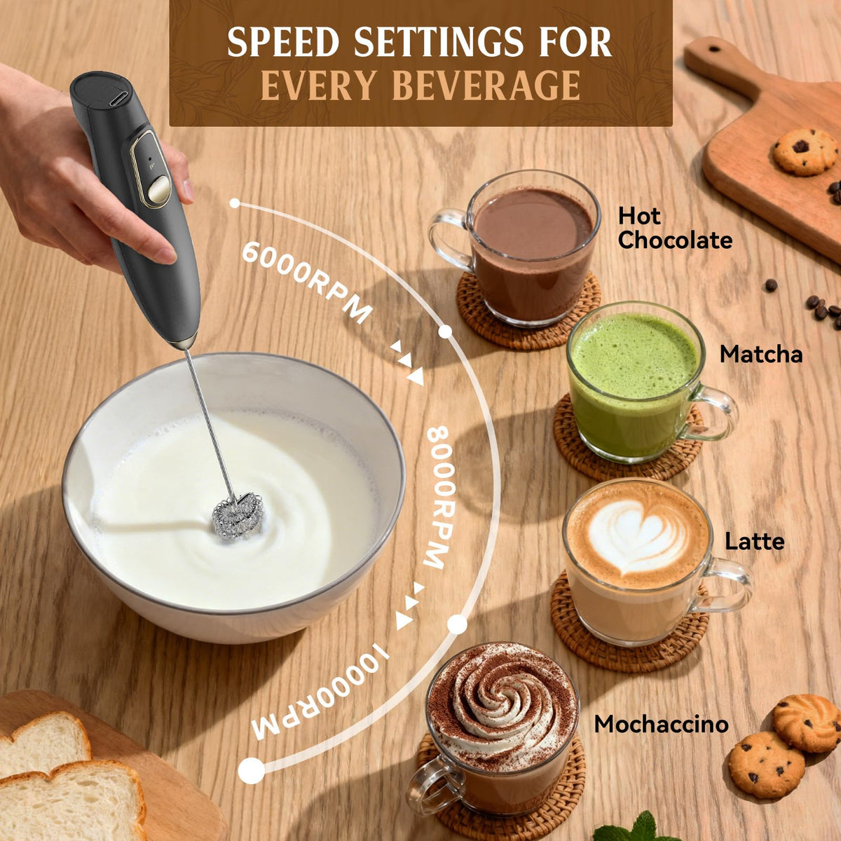 Rechargeable Milk Frother Wand with Stand, Electric Handheld Coffee Frother with 3 Detachable Whisks, Travel Milk Foamer for Protein Powder, Drinks, Espumador de Leche Electrico Black