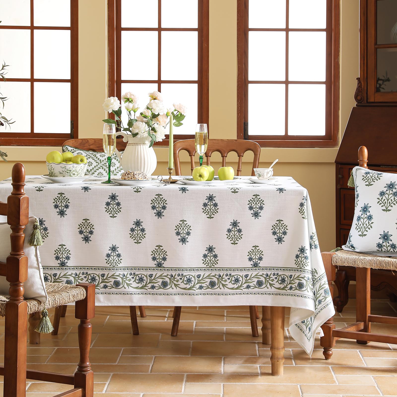 ISAENNE Designer White Linen Small Rectangular Tablecloth,Chinoiserie Floral Elegant Indoor Table Cloth,Fall Stain Proof Decor Tablecloths for Dining Thanksgiving Kitchen,55"*71"-Mosella F