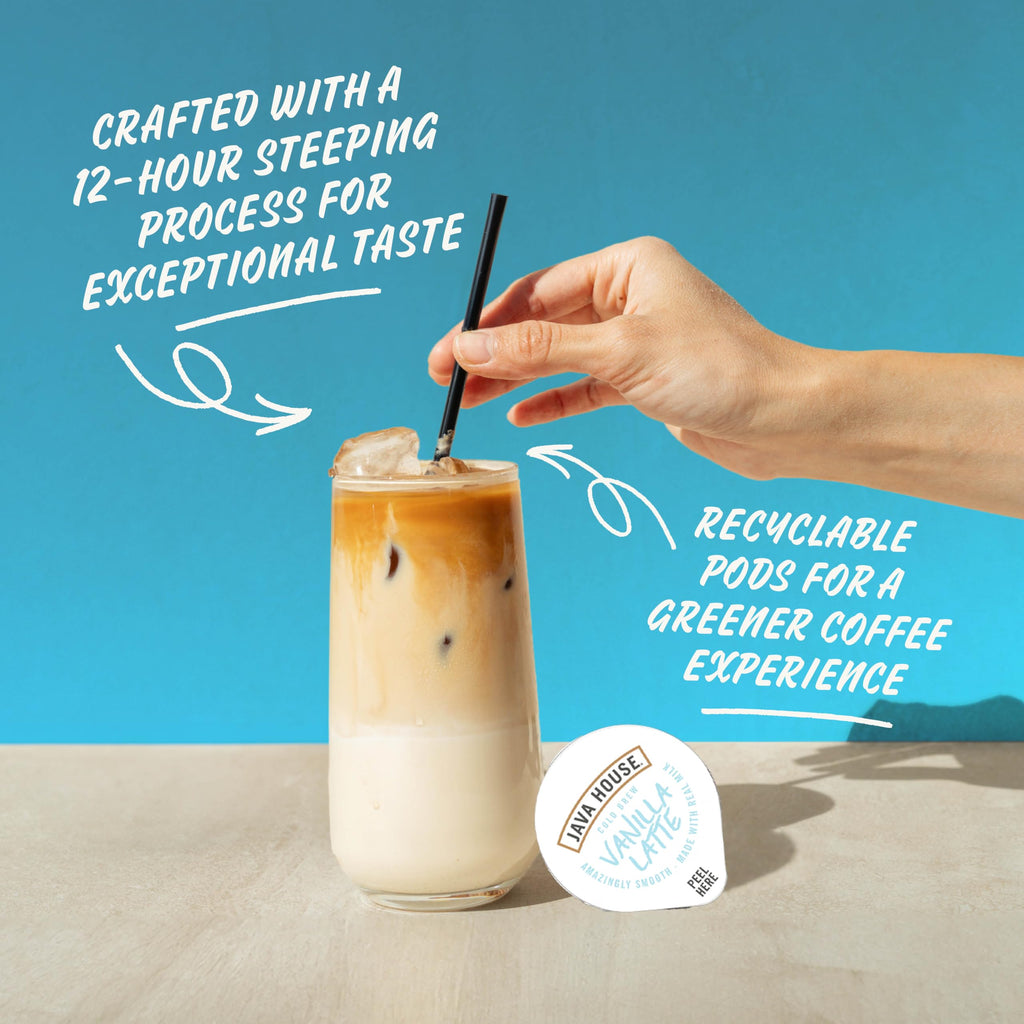 JAVA HOUSE French Vanilla Latte Cold Brew Coffee Capsules, 1.35 Fluid Ounces (48 Count) Peel and Pour, TSA Approved, Travel Friendly Cold Brew, Hot or Iced