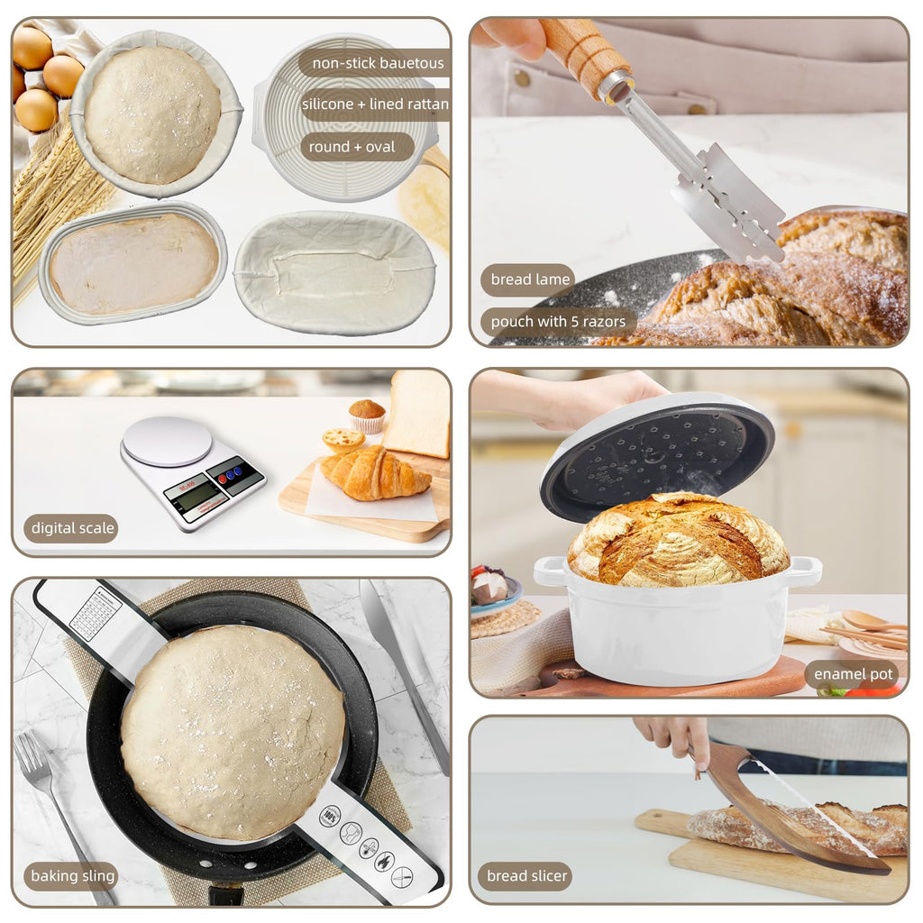 Sourdough Starter Kit with Dutch Oven, 24cm White Baking Pot, 4 Proofing Baskets, Starter Jar, Digital Scale, Bread Lame, Bread Bags & Silicone Mat for Beginners (White)