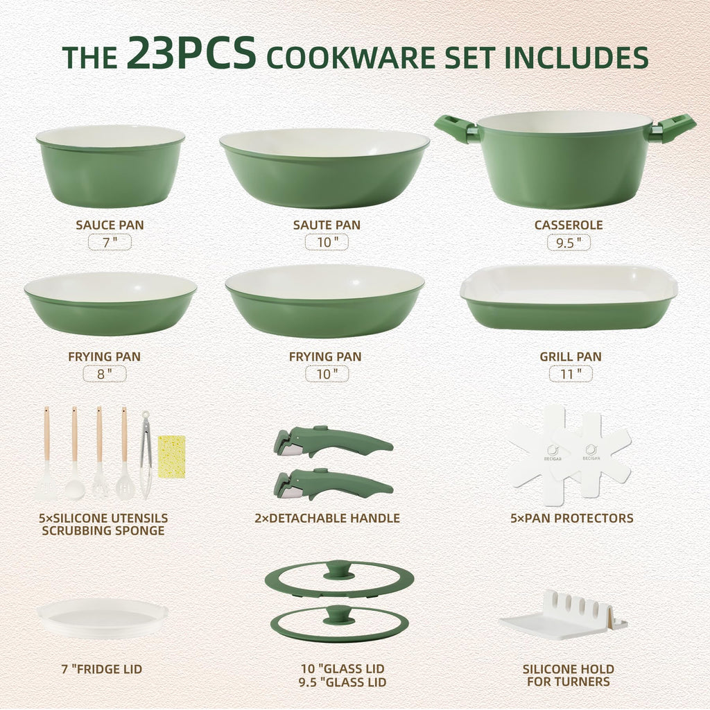 BECIGAR 23pcs Ceramic Pots and Pans Set, Nonstick Detachable Handle Cookware, Induction Kitchen Cooking Set with Removable Handle,include Frying Pans & Saucepans Oven Safe(Green)