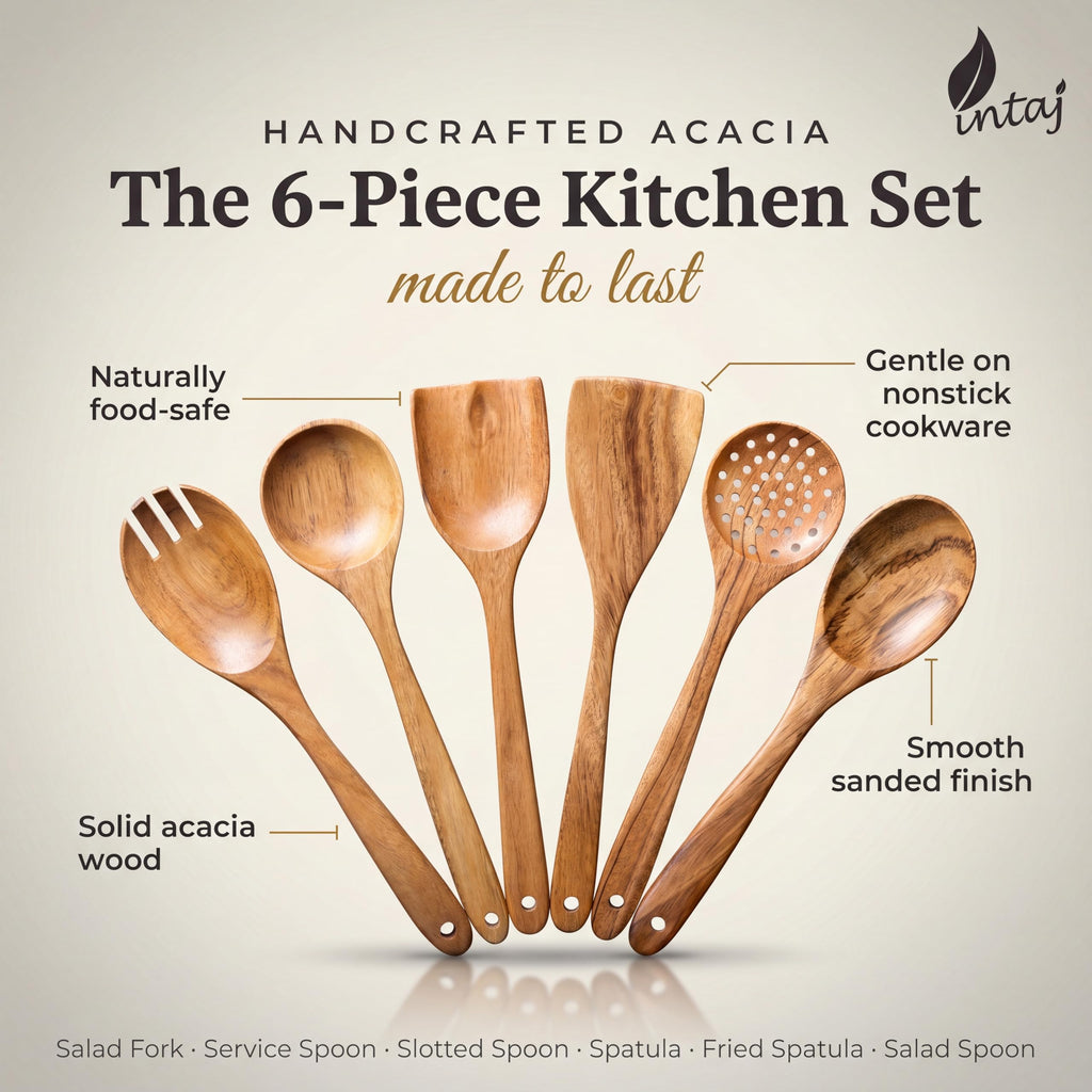 INTAJ Wooden Spoon Set for Cooking, 6-Piece Handmade Teak Kitchen Utensils