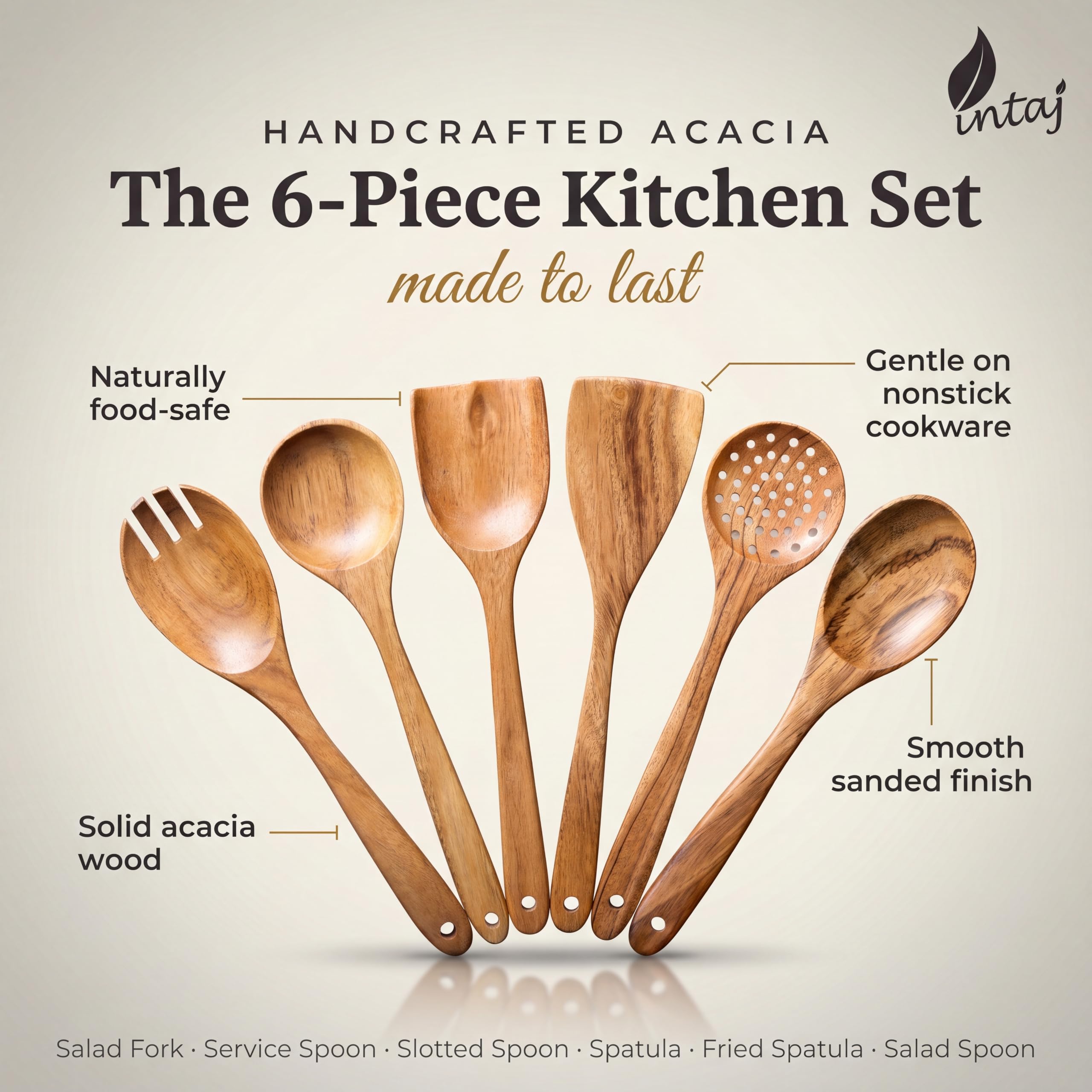 INTAJ Wooden Spoon Set for Cooking, 6-Piece Handmade Teak Kitchen Utensils