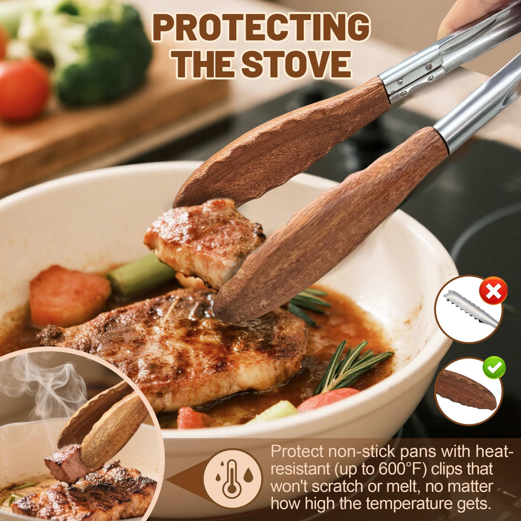 Wooden Cooking Tongs, 12 Inch Walnut Tips Heat Resistant Grilling