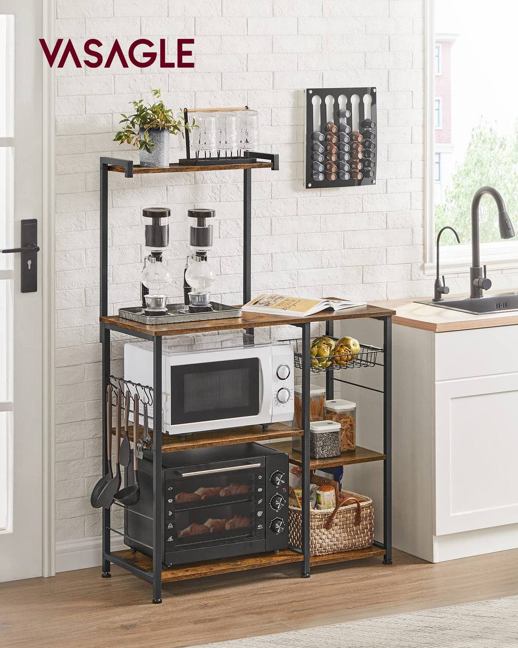 VASAGLE Baker's Rack, Microwave Stand, Kitchen Storage Rack with Wire Basket, 6 Hooks, and Shelves, for Spices, Pots, and Pans, Rustic Brown and Ink Black UKKS35X