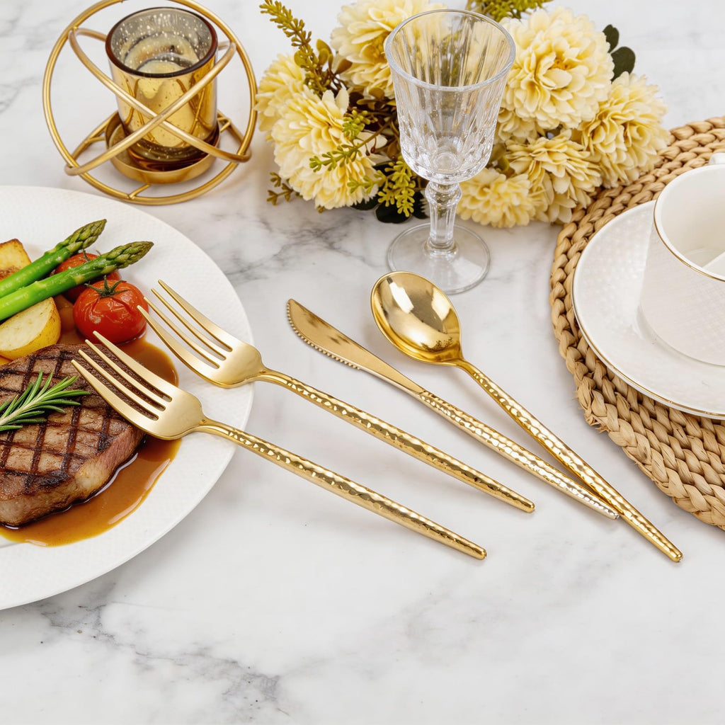 Rubtlamp 90Pcs Gold Plastic Silverware, Gold Disposable Utensils, Hammered Plastic Silverware, Plastic Forks And Spoons Set Include 30 Forks, 30 Knives,30 Spoons For Daily Use