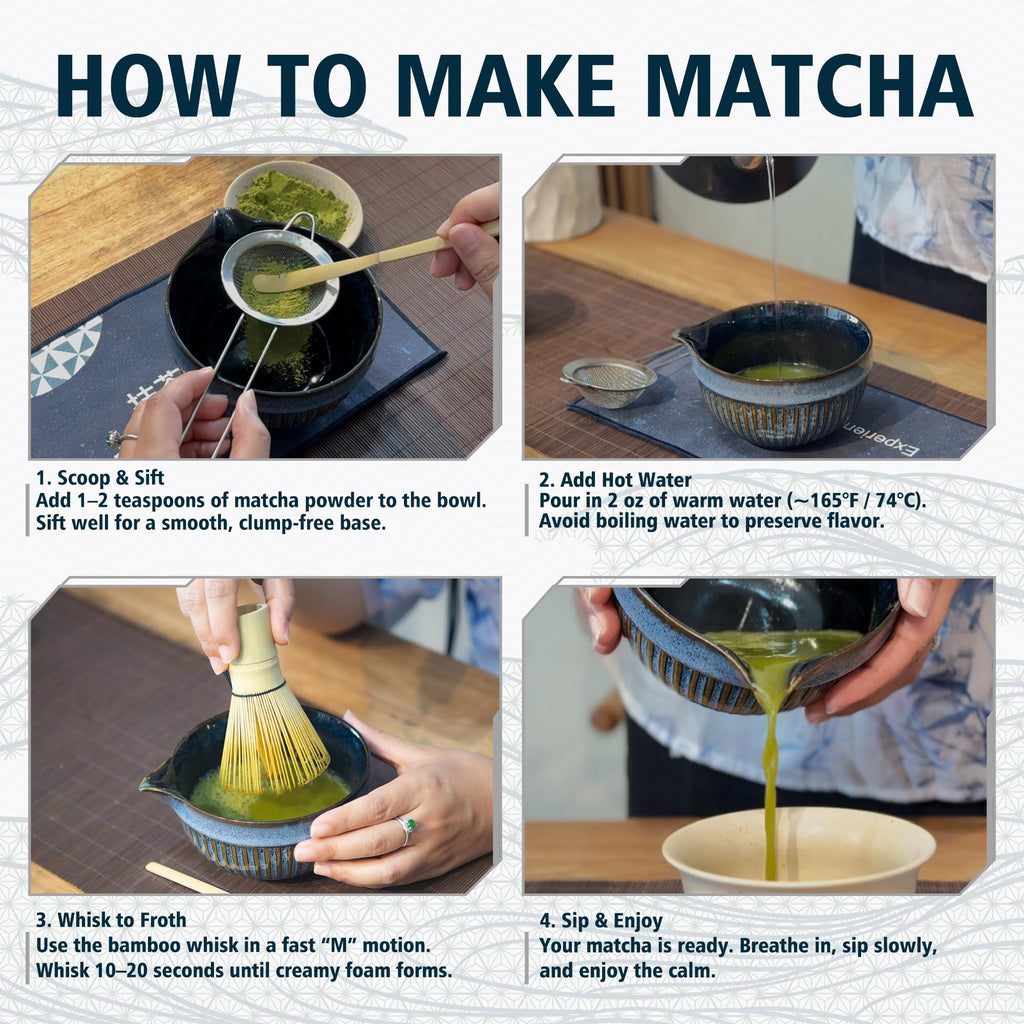 7pcs Matcha Whisk Set with 18oz Spout Bowl, Japanese Tea Ceremony Kit, Natural Bamboo Whisk Scoop, Ceramic Holder Sifter Towel, Best Gift for Beginners and Matcha Lovers
