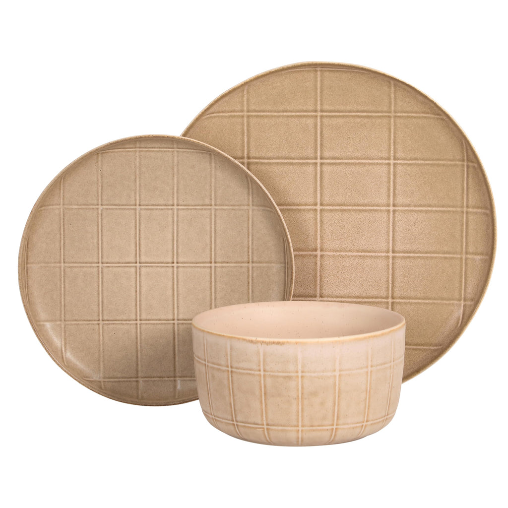 Gisbon Elite Butterwick 12 Piece Plates and Bowls Stoneware Dinnerware Set - Taupe Reactive Glaze Patterned Dishes - Microwave and Dishwasher Safe