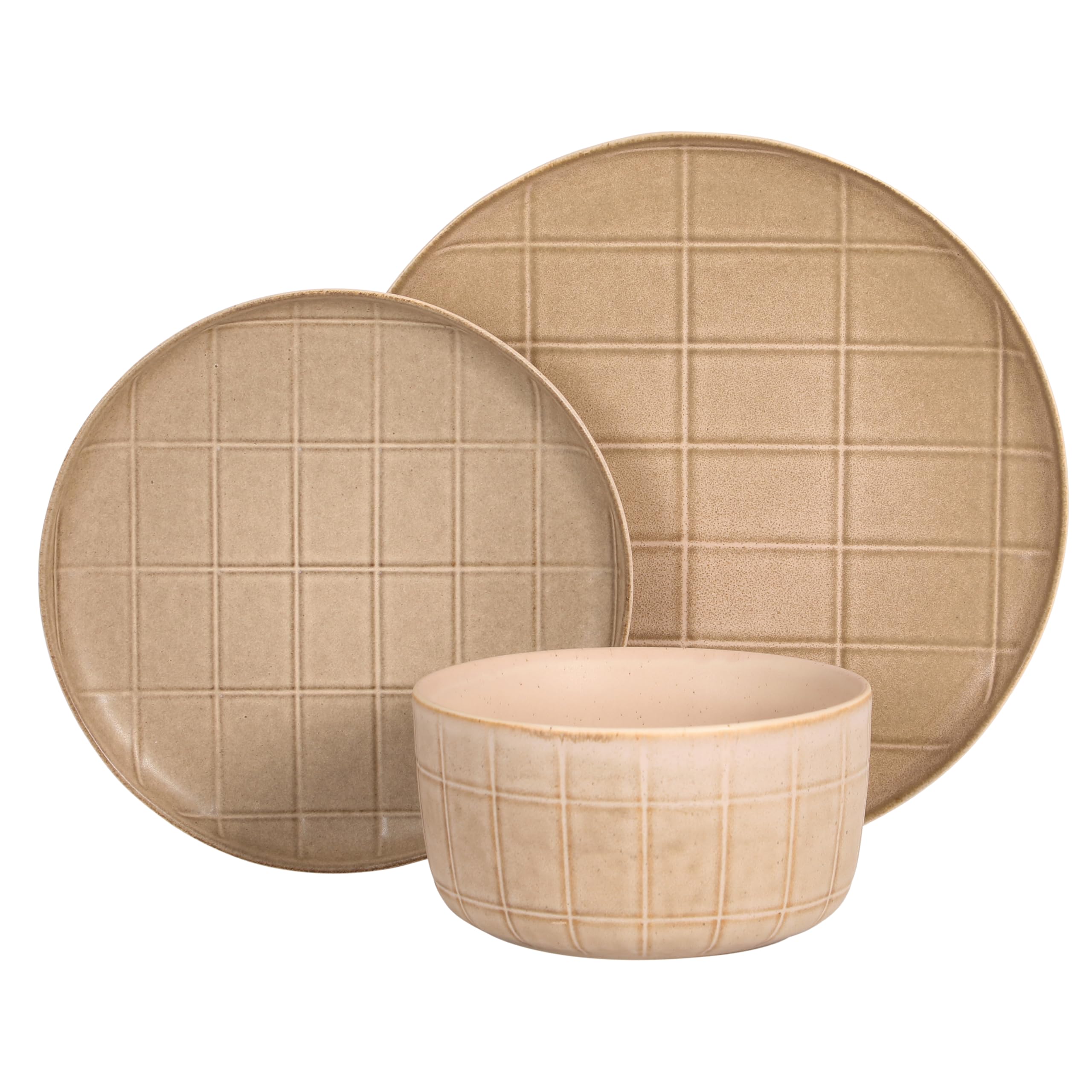 Gisbon Elite Butterwick 12 Piece Plates and Bowls Stoneware Dinnerware Set - Taupe Reactive Glaze Patterned Dishes - Microwave and Dishwasher Safe
