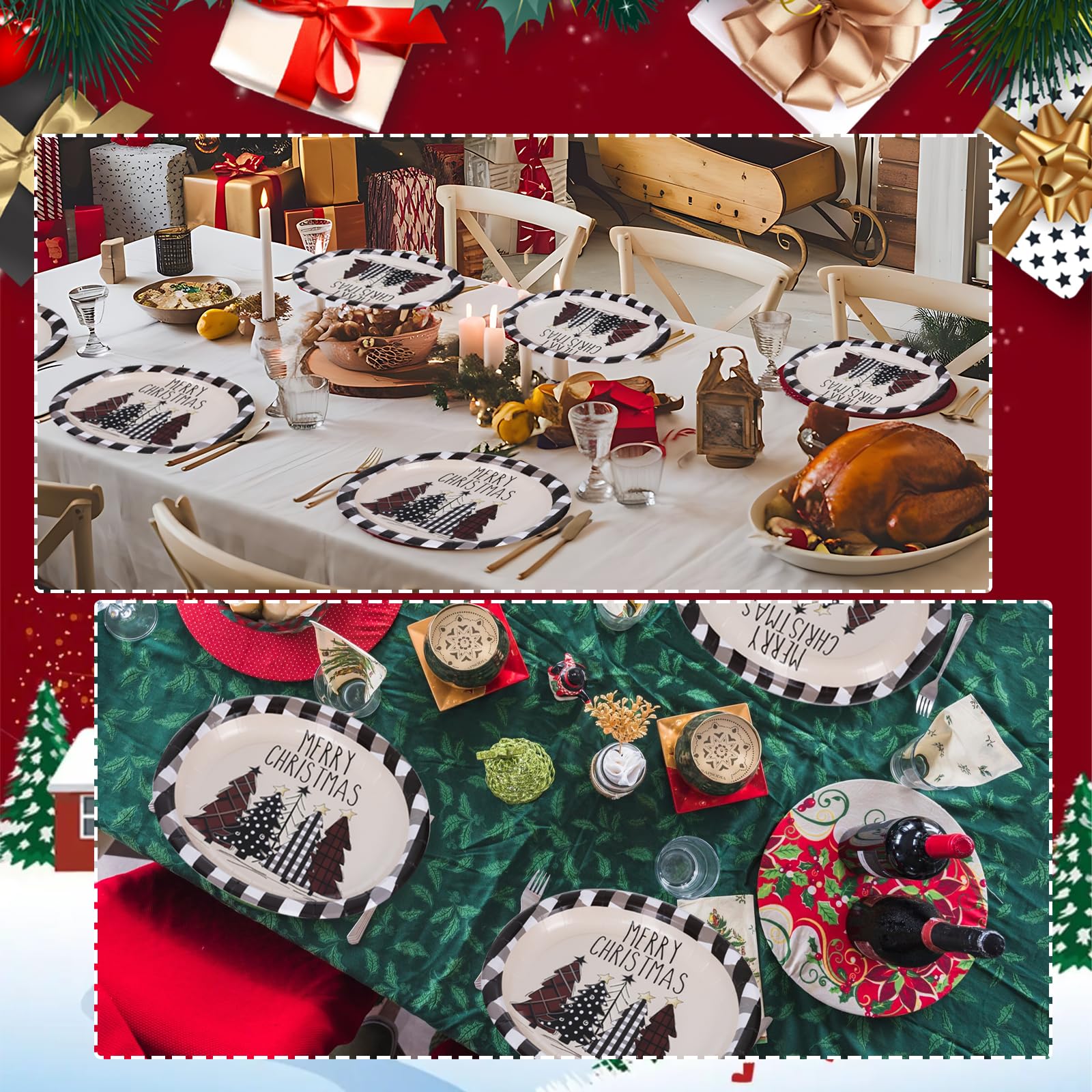 WDF 50Pack Christmas Paper Plates - 10"x12" Christmas Tree Plates Christmas Oval Paper Checkered Plates - Dinner Size Large Disposable Platter Heavy Duty for Happy Christmas Serving