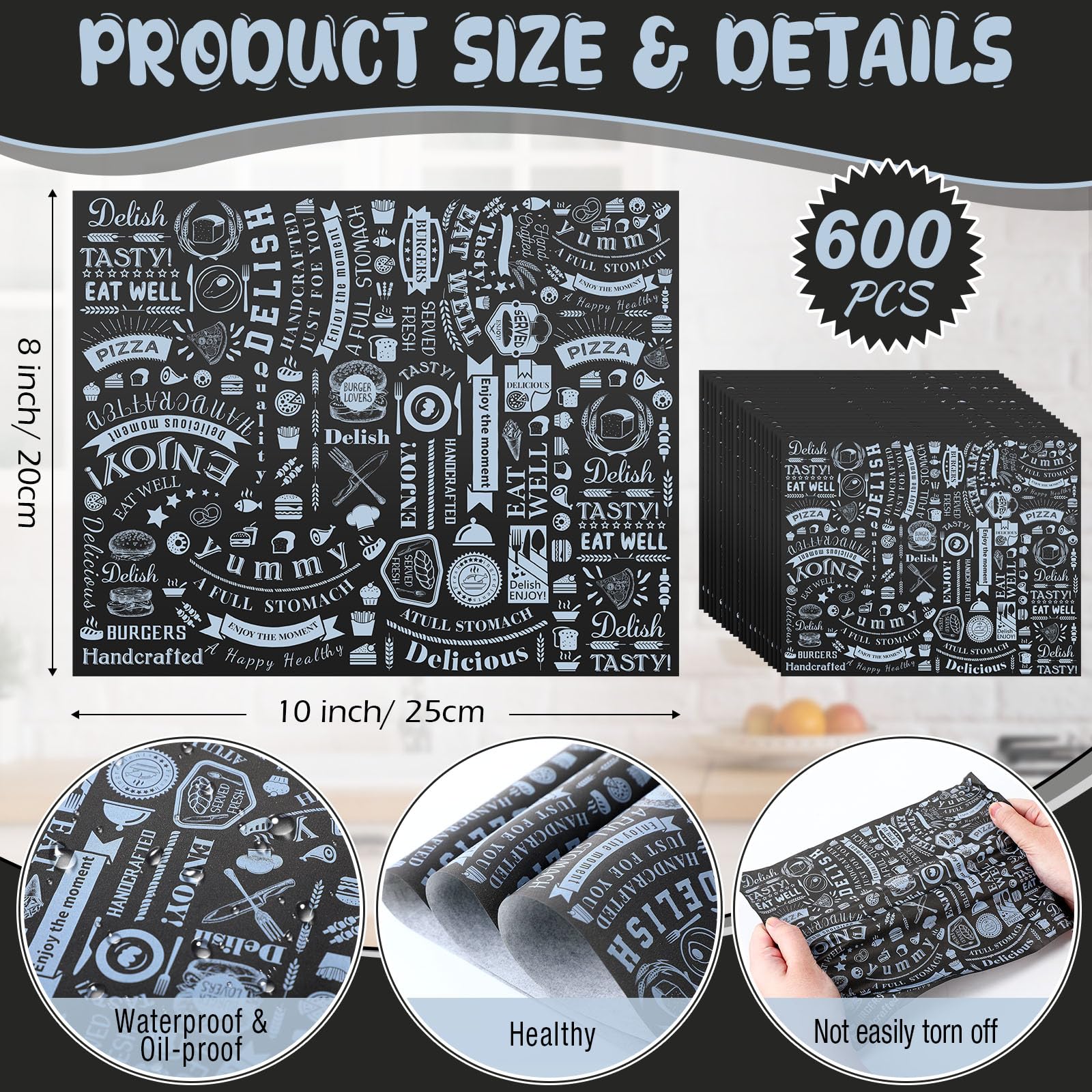 Outus 600 Pcs 8 x 10 inch Deli Wax Paper Sheets Grease Resistant Tray Basket Liners Newsprint Paper Water and Grease Proof Sandwich Wrapping Square Hot Dog Wrappers for Food Baking(Black)