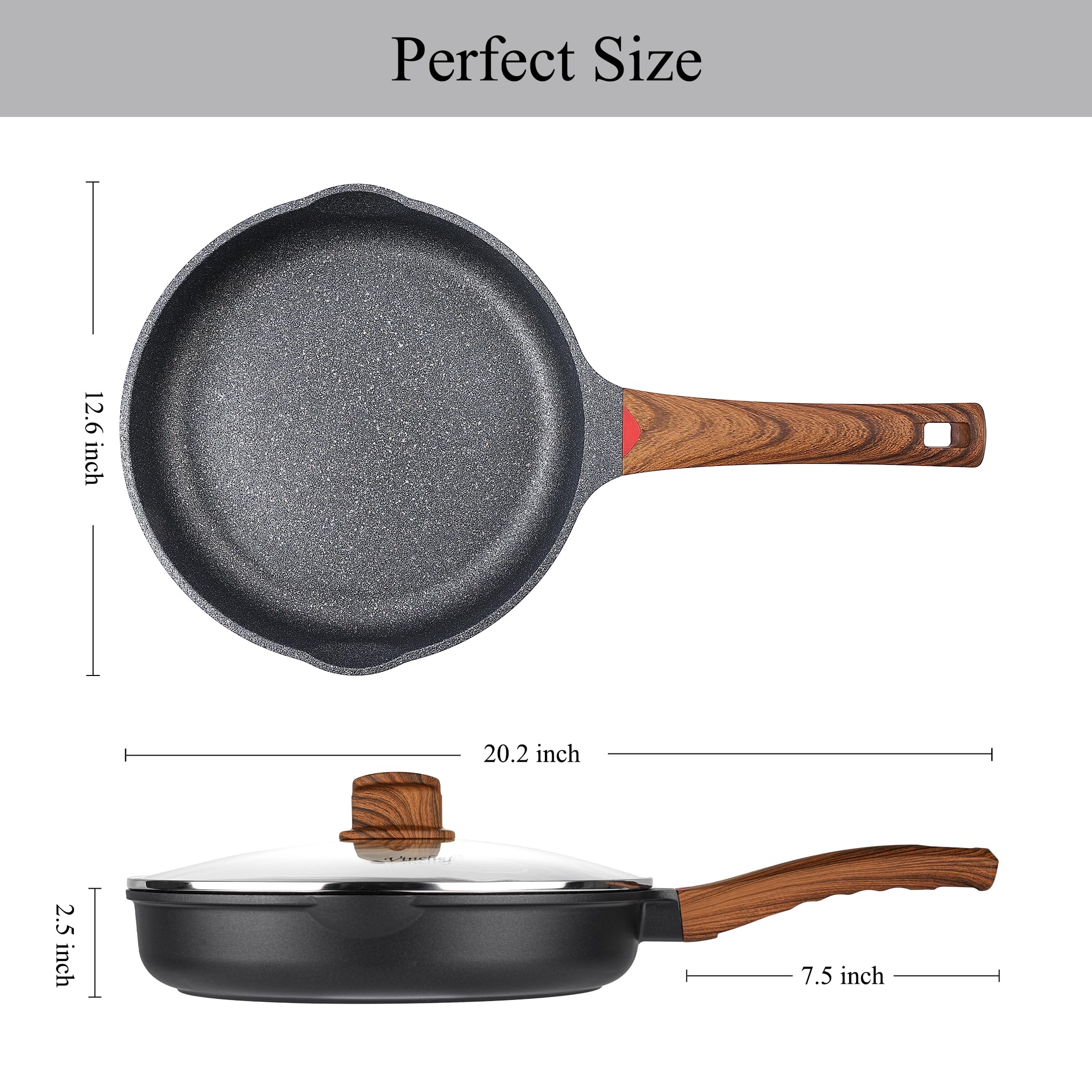 Vinchef 12.5" Non Stick Frying Pans, Skillet with Lid Used for All Stoves, Induction Non Toxic Cookware, Cooking Pans Nonstick Capable of Kitchen